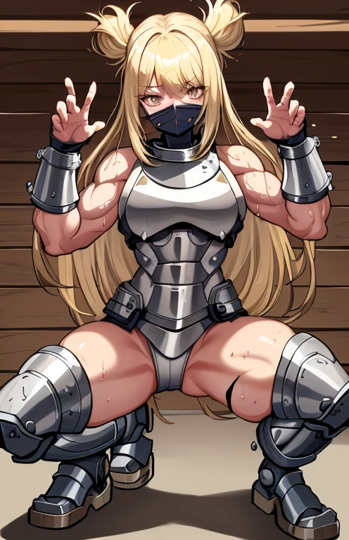 teenage girl, athletic, muscular body, she has long blonde hair, the bangs in her hair hide her eyes, she wears torn clothes and a metal breastplate, she walks like a beast, doggy pose