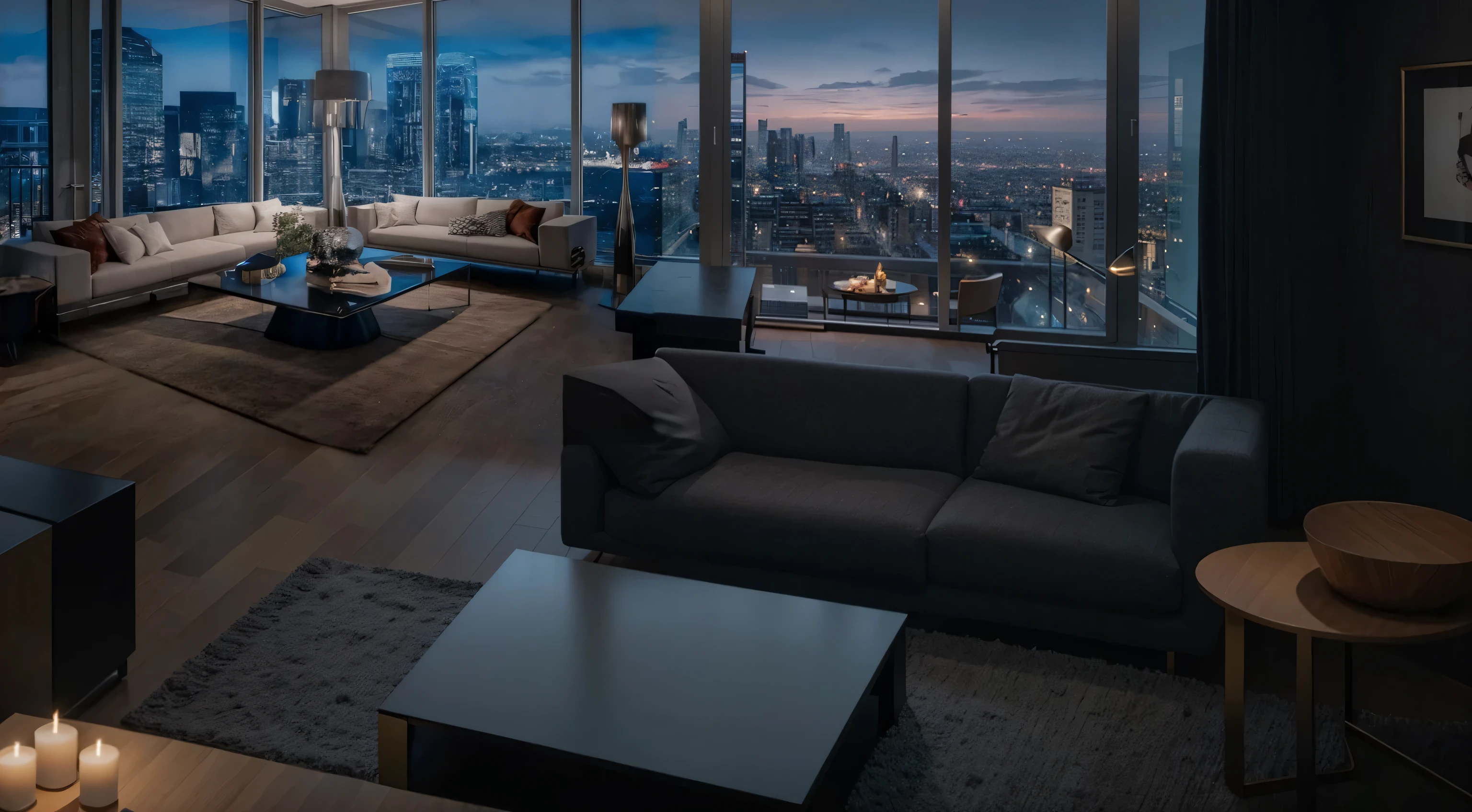 arafed view of a living room with a couch, coffee table, and a large window, luxurious environment, city apartment, luxury condo interior, expansive cinematic view, overlooking a modern city, penthouse, neo - noir setting, dystopian city apartment, skyline showing from the windows, stunning view, dimly lit interior room, photorealistic cinematic render