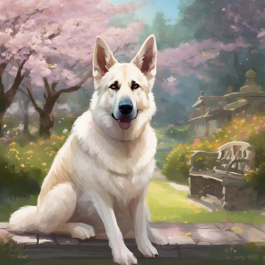 (highres)A white color German shepherd with long hair, (beautiful blue eyes,pointed ears), (majestic posture). The fur is (soft and fluffy), (well-groomed and shiny). The German shepherd is standing in a (lush green garden), surrounded by (colorful flowers and tall trees). The sunlight (gently filters through the leaves), creating (soft and warm lighting). The dog's (long hair flows gracefully in the breeze), adding a sense of (elegance and movement). The German shepherd has a (calm and intelligent gaze), radiating (confidence and loyalty). The garden is (peaceful and tranquil), with a (charming rustic wooden bench) placed under a (fragrant blooming cherry blossom tree). The scene is (serene and harmonious), evoking a sense of (joy and serenity). The overall image is of (high quality) and (realistically detailed), with vibrant colors and (fine texture). (HDR, sharp focus, ultra-detailed) techniques are used to capture the (stunning beauty and essence) of the white color German shepherd in this (masterpiece).