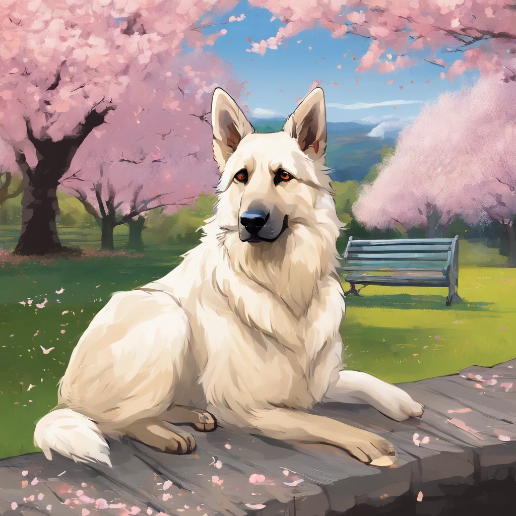 (highres)A white color German shepherd with long hair, (beautiful blue eyes,pointed ears), (majestic posture). The fur is (soft and fluffy), (well-groomed and shiny). The German shepherd is standing in a (lush green garden), surrounded by (colorful flowers and tall trees). The sunlight (gently filters through the leaves), creating (soft and warm lighting). The dog's (long hair flows gracefully in the breeze), adding a sense of (elegance and movement). The German shepherd has a (calm and intelligent gaze), radiating (confidence and loyalty). The garden is (peaceful and tranquil), with a (charming rustic wooden bench) placed under a (fragrant blooming cherry blossom tree). The scene is (serene and harmonious), evoking a sense of (joy and serenity). The overall image is of (high quality) and (realistically detailed), with vibrant colors and (fine texture). (HDR, sharp focus, ultra-detailed) techniques are used to capture the (stunning beauty and essence) of the white color German shepherd in this (masterpiece).
