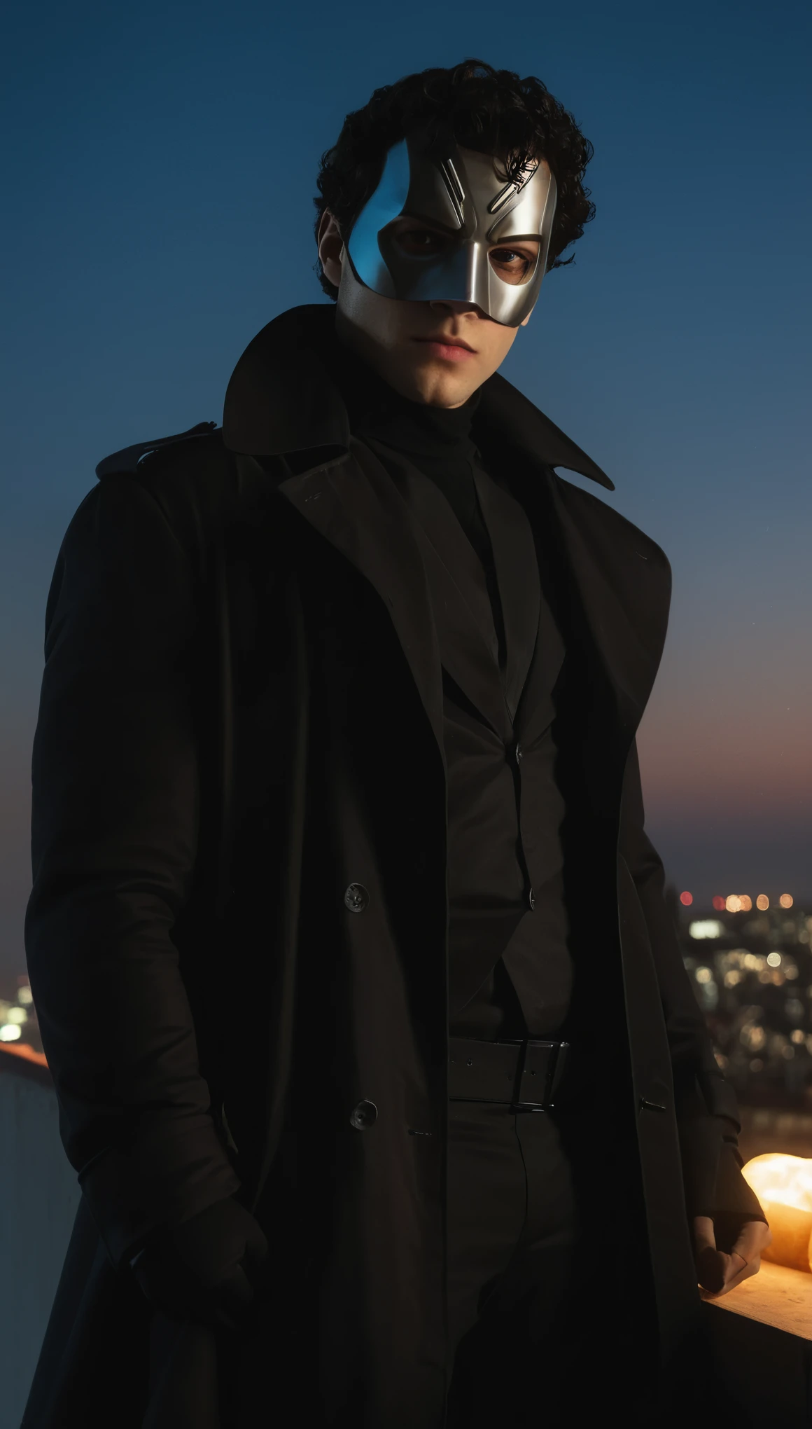 A movie poster, full color, a supervillain man, 28 years-old, wearing a black trench coat and a domino mask, stocky, soft doughy physique, overweight, deep brown eyes, wide bulbous nose, full lips, black hair, curly hair, thick bushy eyebrows, extremely hairy chest, stomach, and arms, lots of body hair, posing on a neon-lit rooftop, hard shadows, RAW photograph, cinematic shot, masterpiece