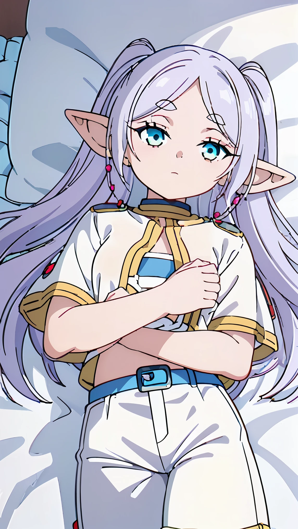 (View from above),(Fairy girl1,Fairy ear,Pale skin),(white hair, white eyes,(blue t-shirt 👕,short pants),(She is lying on one bed),detailed eyes, detailed face and body