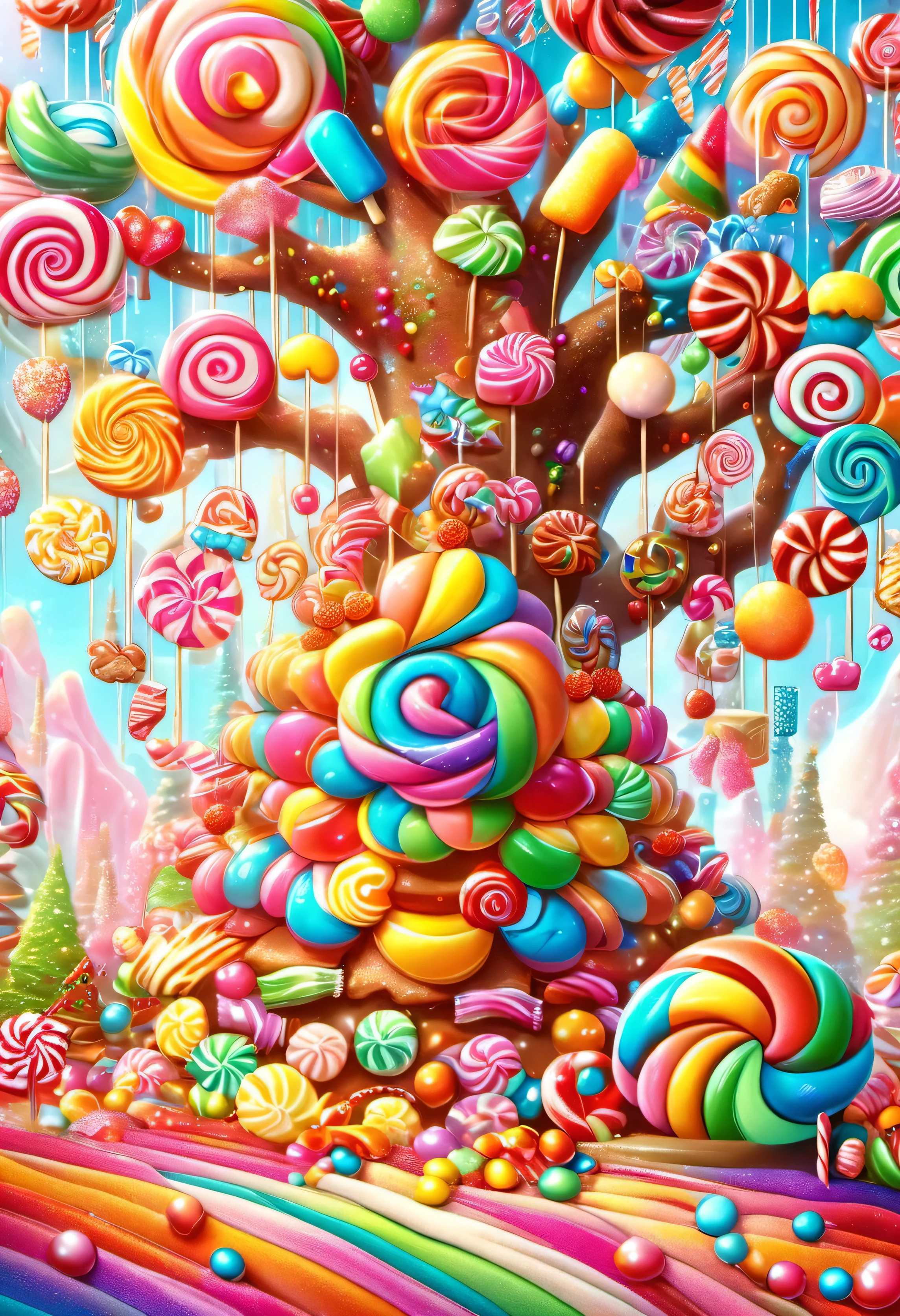 Huge candy tree (Candyland): gingerbread, dreamlike, fancy, rich colors, magical, sparkling, edible, delicious, [bright colors], [candy], [candy], [appetizing], [lollipop], [candy], [candy], [candy], [sprinkle], [candy], [rainbow colors], [candy house], [gingerbread house], [sugarcane], [marshmallow], , [candy machine], [candy wrappers], [mountain candy], [giant candy], [sugar crystals], [candy thread], [chewing gum], [colored candy], [luminous], [enchanted], [joyful], [playful], [bursting with flavor]