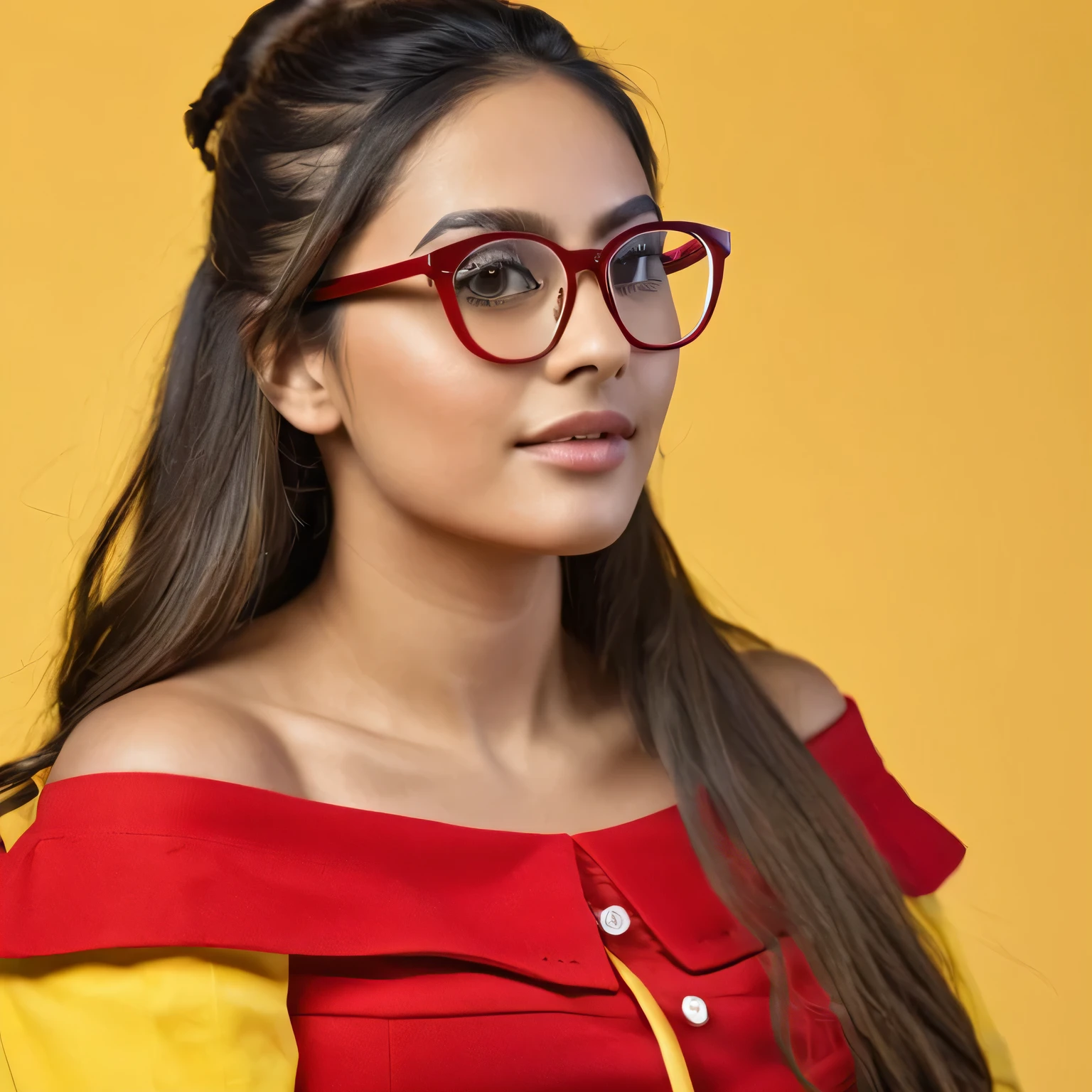 ((best quality)), ((masterpiece)), (detailed image) latine female model of age 27 wearing off shoulder red-yellow school teacher outfit, wearing glasses, long hair