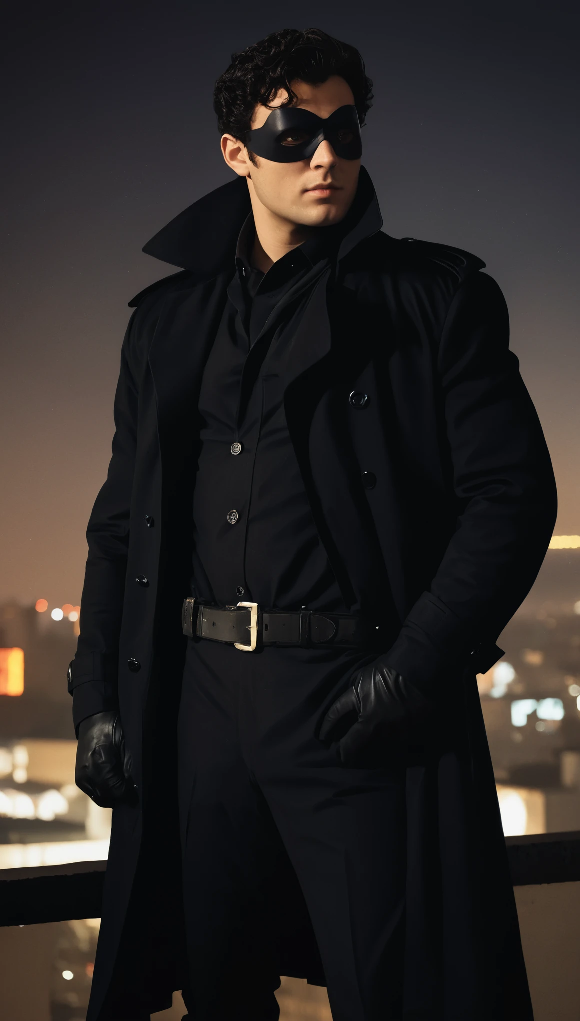 A movie poster, full color, a supervillain man, 28 years-old, wearing a black trench coat and a domino mask, stocky, soft doughy physique, chubby, deep brown eyes, wide bulbous nose, full lips, black hair, curly hair, thick bushy eyebrows, extremely hairy chest, stomach, and arms, lots of body hair, posing on a neon-lit rooftop, hard shadows, RAW photograph, cinematic shot, masterpiece