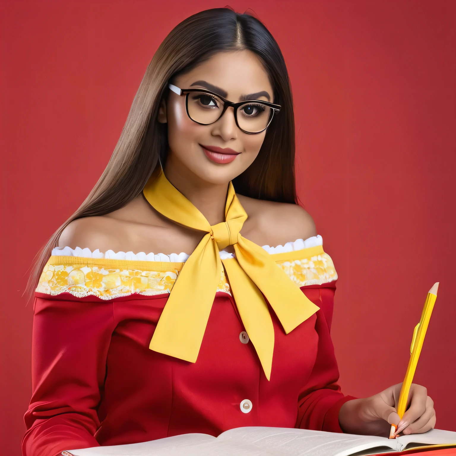 ((best quality)), ((masterpiece)), (detailed image) latine female model of age 27 wearing off shoulder red-yellow school teacher outfit, wearing glasses, long hair