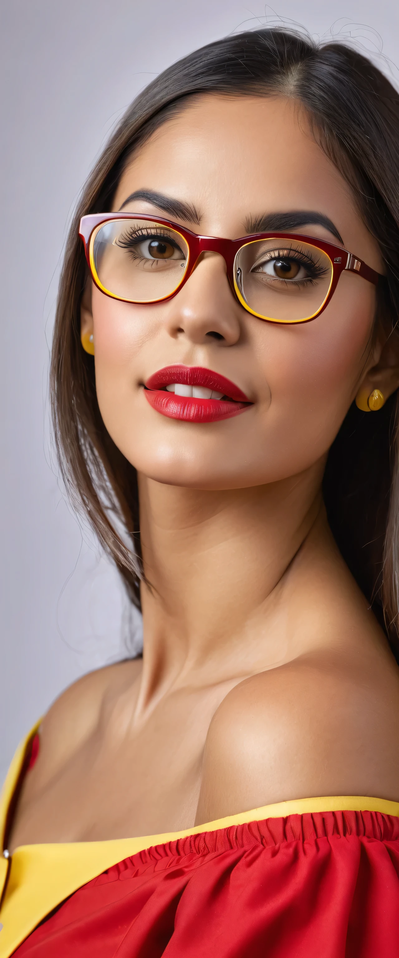 ((best quality)), ((masterpiece)), (detailed image) latine female model of age 27 wearing off shoulder red-yellow school teacher outfit, wearing glasses, long hair