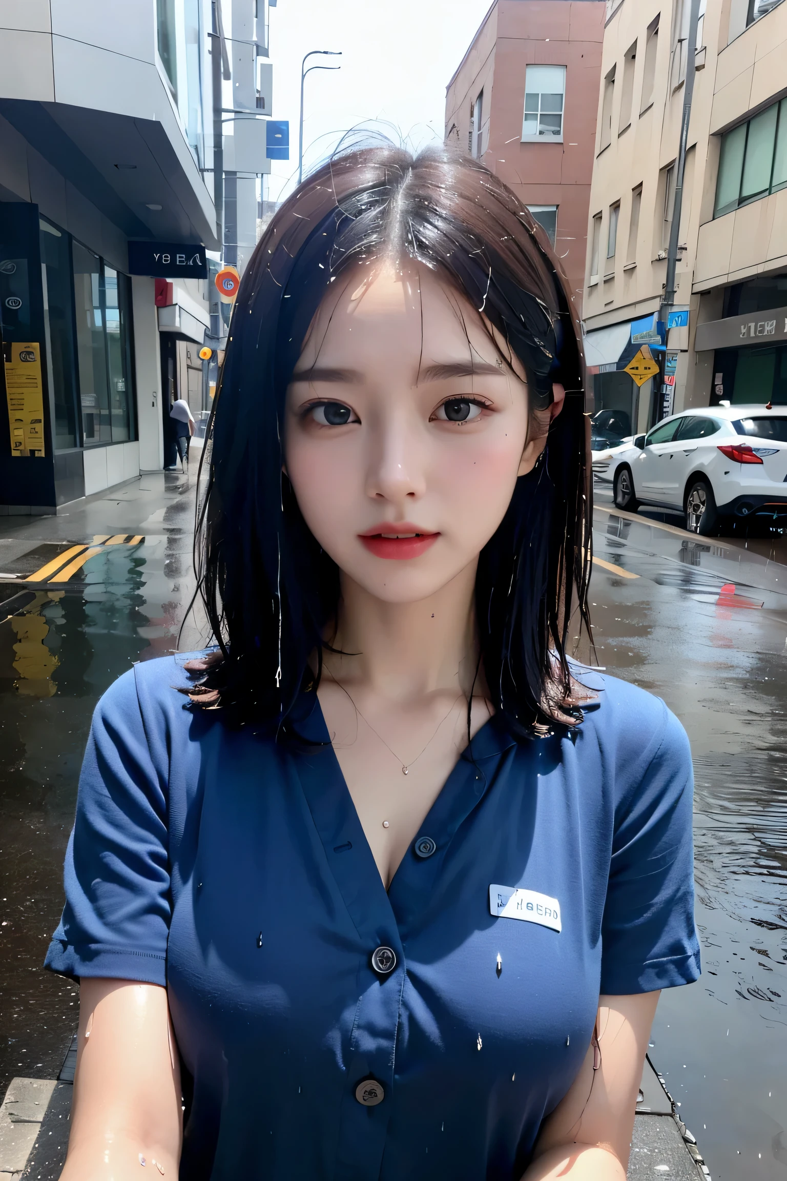 ((best image quality、8K、masterpiece:1.3))、sharp focus:1.2、beautiful woman with perfect body:1.4、slim belly:1.2、((layered haircut、big:1.2))、(No bra)(small and beautiful、hard(thin, Damp buttons down shirt length:1.1)、(School teacher's outfit wet from the rain:1.3)、(rain、street:1.2)、wet body:1.1、Highly detailed face and skin texture、detailed eye、double eyelid、 sunburned skin、Sexy、sunburn、Nogizaka Idol、korean idol、Gravure idol pose、