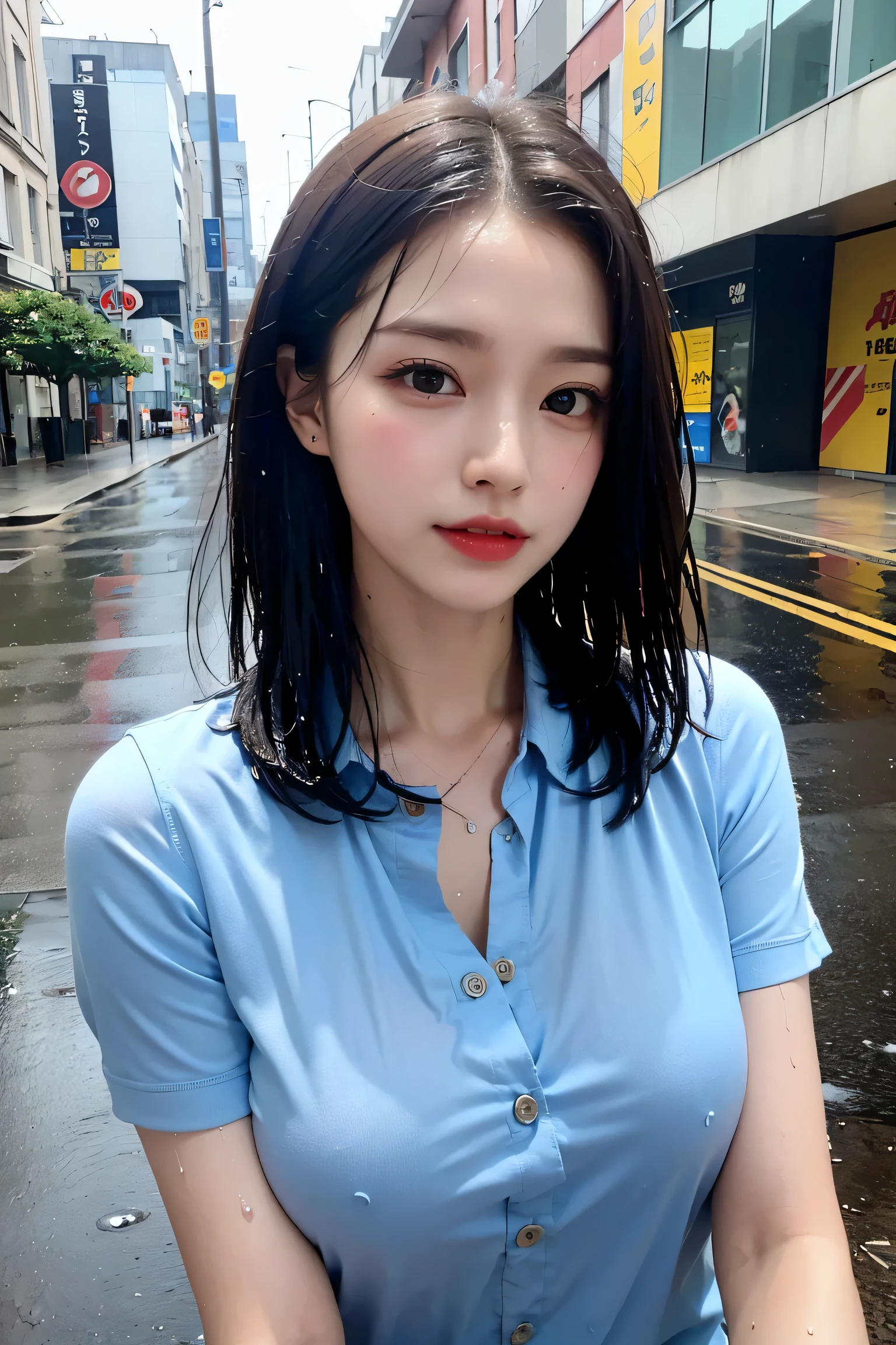 ((highest quality, 8K, masterpiece: 1.3)), sharp focus: 1.2, beautiful woman with perfect body: 1.4, slim belly: 1.2, ((layered haircut, big: 1.2)), (No bra) (small, beautiful and hard (thin moist buttons up to shirt length: 1.1), (dark blue wet from rain: 1.3), (rain, street: 1.2), wet body: 1.1, Highly detailed face and skin texture, fine eyes, double eyelid, sunburned skin, sexy, sunburned, Nogizaka Idol, korean idol, idol sculpture,