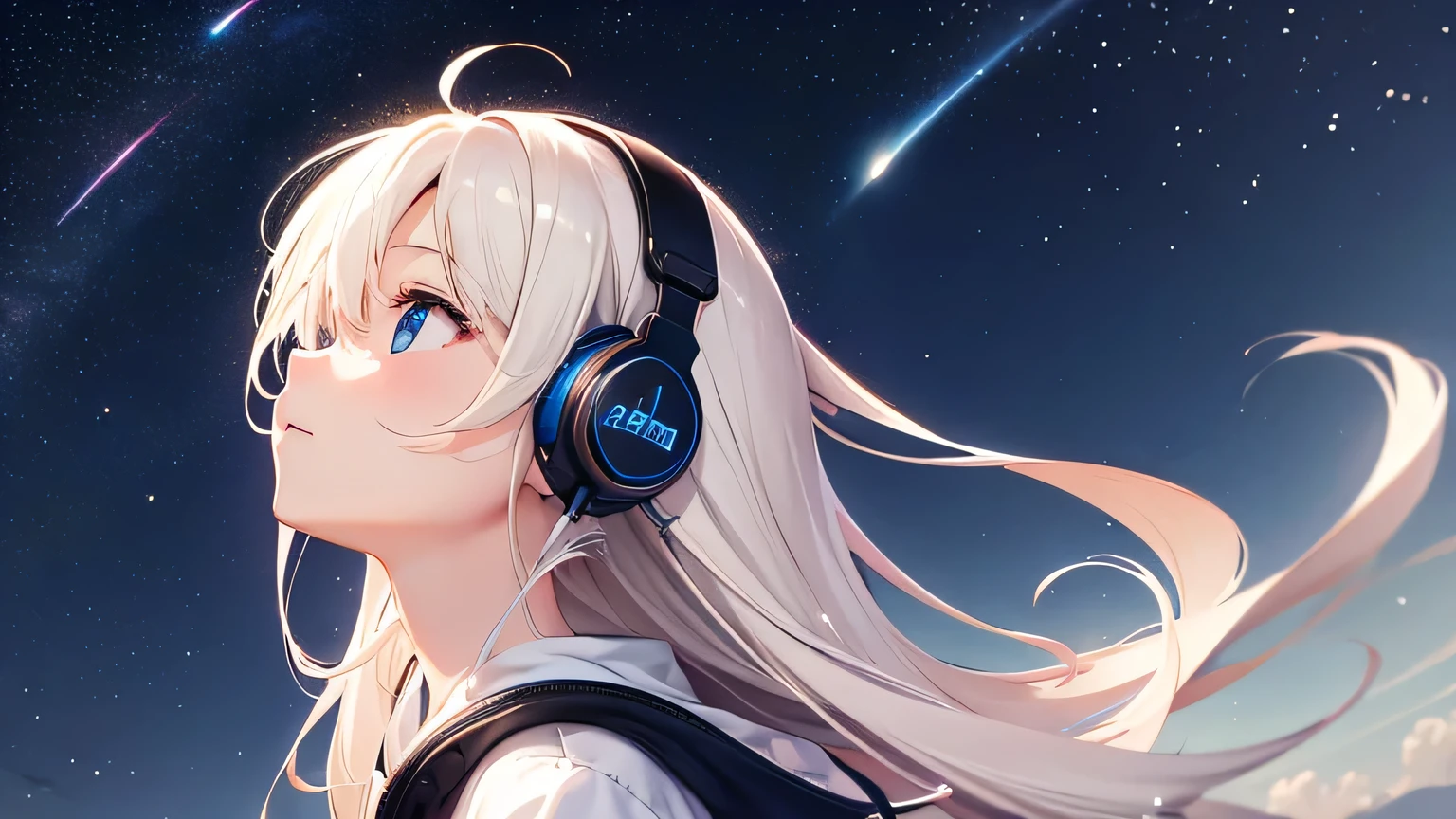 Cute girl wearing headphones、looking up at the starry sky、Wide angle of view、anime style