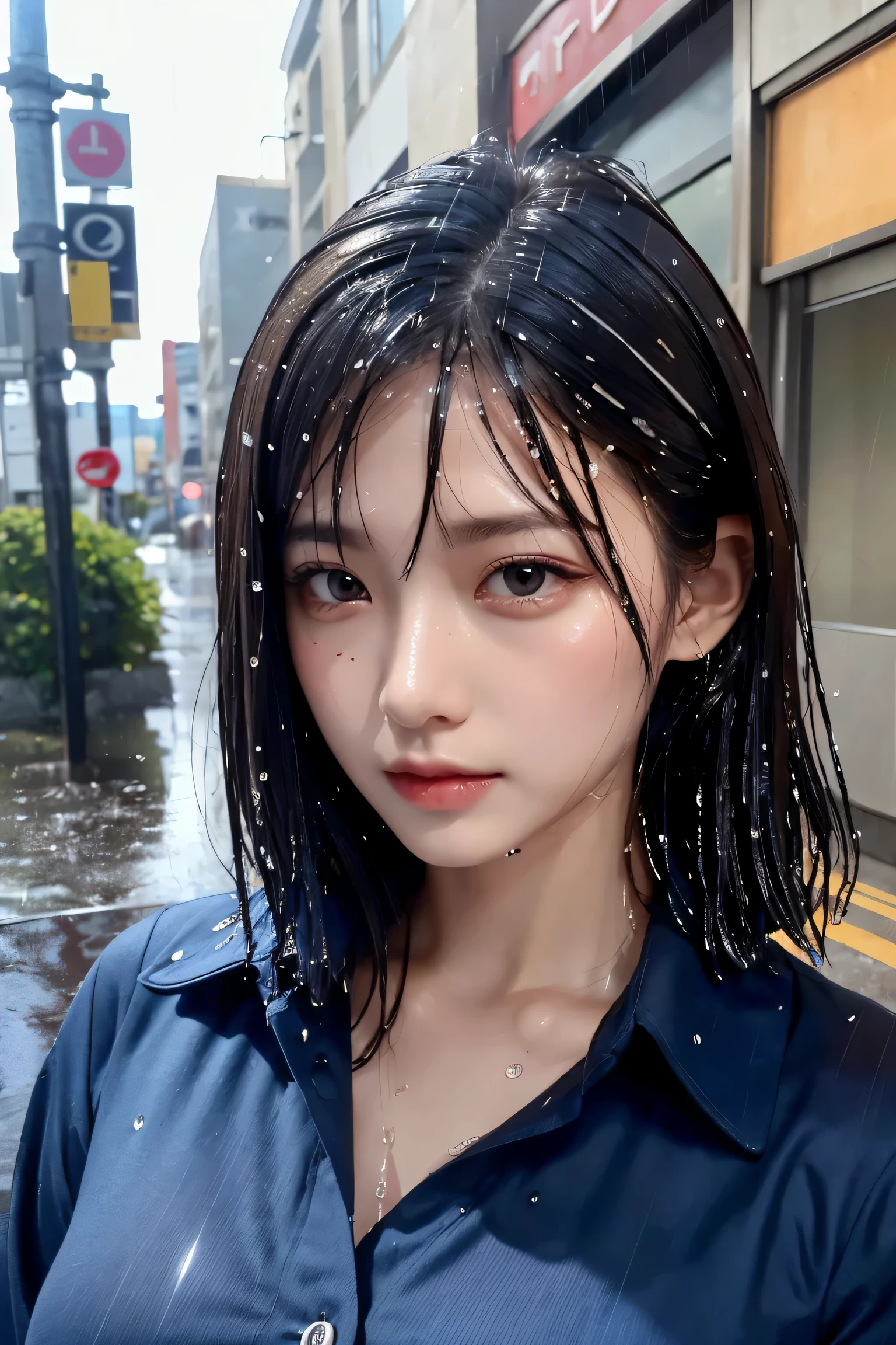 ((highest quality, 8K, masterpiece: 1.3)), sharp focus: 1.2, beautiful woman with perfect body: 1.4, slim belly: 1.2, ((layered haircut, big: 1.2)), (No bra) (small, beautiful and hard (thin moist buttons up to shirt length: 1.1), (dark blue wet from rain: 1.3), (rain, street: 1.2), wet body: 1.1, Highly detailed face and skin texture, fine eyes, double eyelid, sunburned skin, sexy, sunburned, Nogizaka Idol, korean idol, idol sculpture,