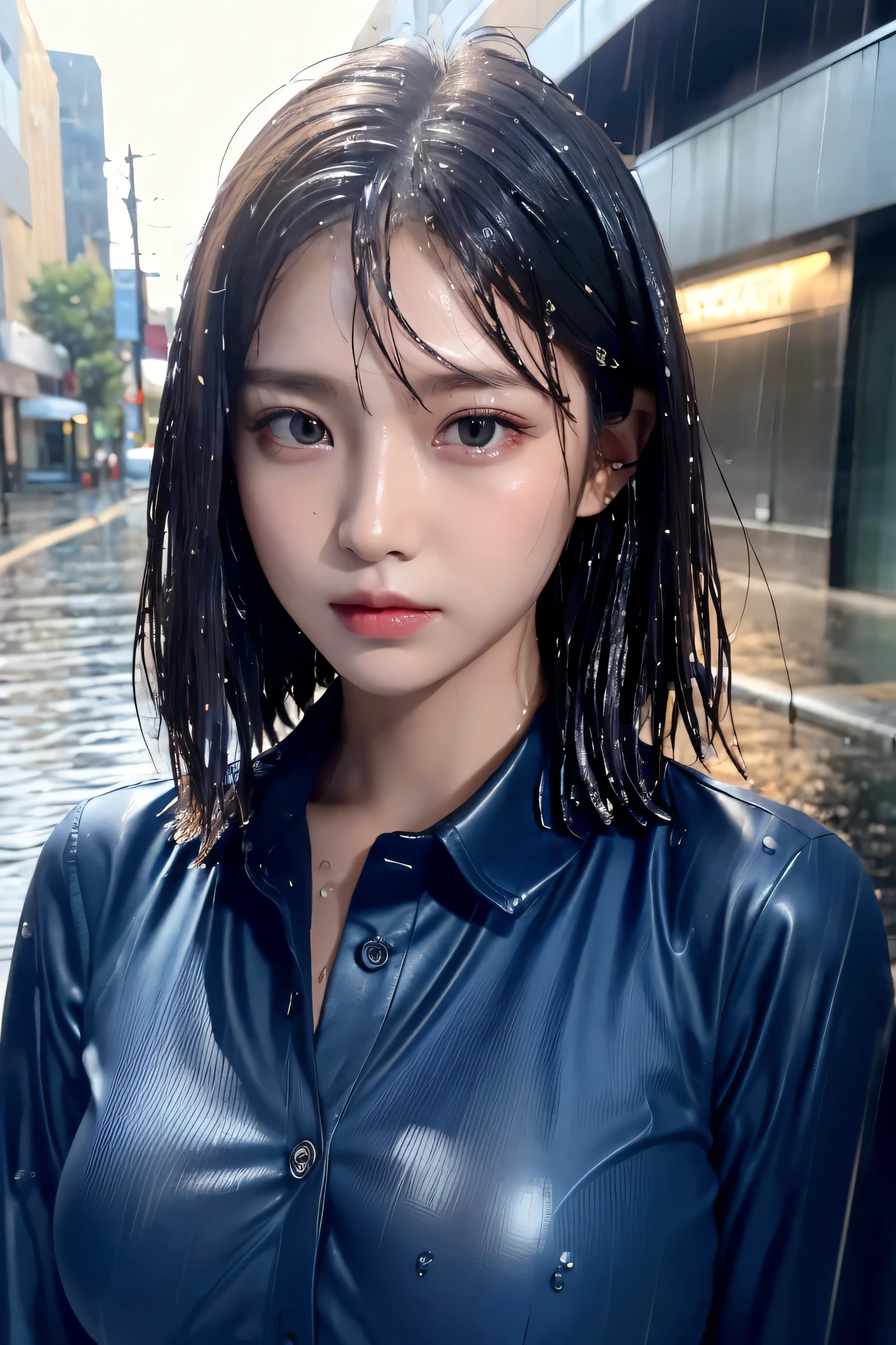 ((highest quality, 8K, masterpiece: 1.3)), sharp focus: 1.2, beautiful woman with perfect body: 1.4, slim belly: 1.2, ((layered haircut, big: 1.2)), (No bra) (small, beautiful and hard (thin moist buttons up to shirt length: 1.1), (dark blue wet from rain: 1.3), (rain, street: 1.2), wet body: 1.1, Highly detailed face and skin texture, fine eyes, double eyelid, sunburned skin, sexy, sunburned, Nogizaka Idol, korean idol, idol sculpture,