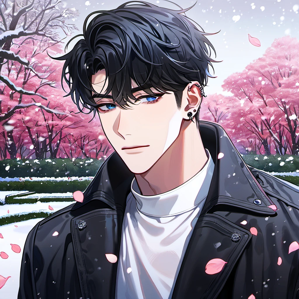 absurdres, highres, ultra detailed, HDR, master piece, best quality, Kang Woojin, black messy hair, expressive dark blue eyes, ear piercings, Love Jinx, 1man, handsome, black coat, white shirt, petals, garden, snow, snowflakes, snowing
