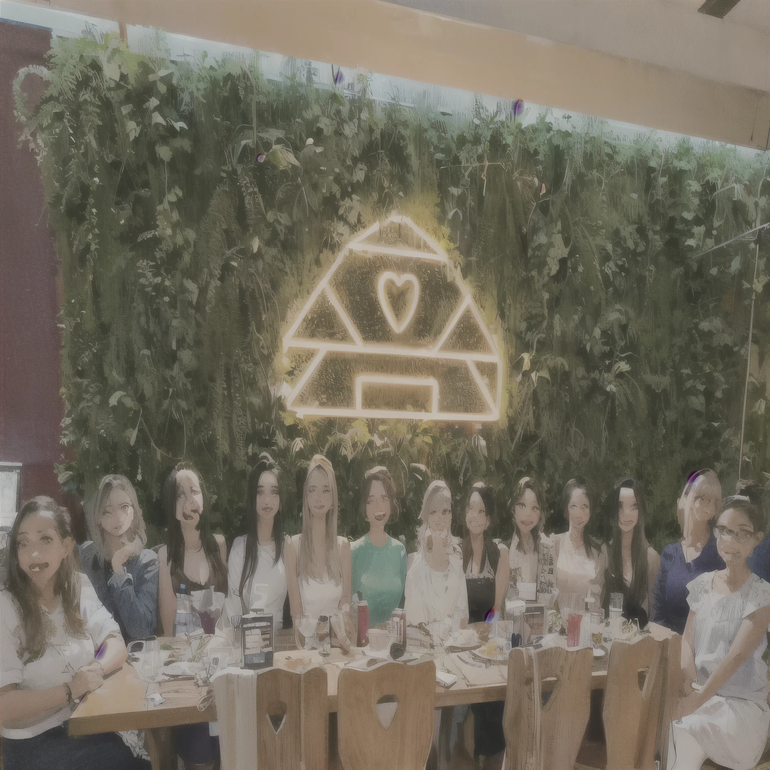 several women sitting at a table with drinks and food in front of a neon sign, foto estilizada, foto de grupo, by Verónica Ruiz de Velasco, in sao paulo, powder Nándor Katona, by Gina Pellon, Foto de familia, by Maria Helena Vieira da Silva, inspired by Gina Pellon, geometric backdrop; LIDERADO