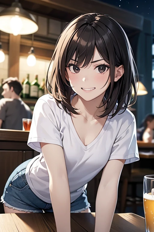 (leaning forward),Masterpiece, High resolution, High-definition CG Unity 8K,Beautiful and detailed face, detailed hair texture, beautiful face,(1 girl),(black eyes),small breasts, (very short messy brown hair), at night:1.2,grinning eyes,grin,anguish,break,(smug:1.1),(at the pub table), (having alcohol),(POV),(white V-neck T-shirt),shorts,