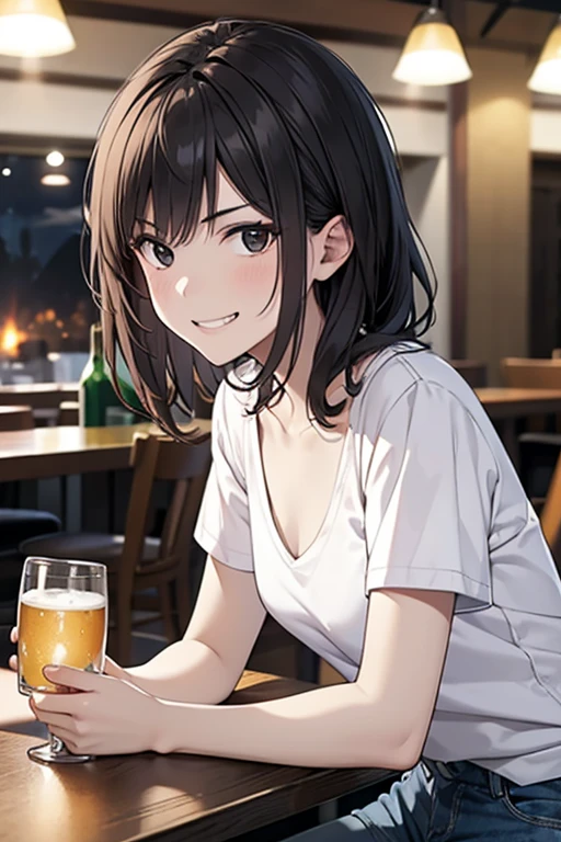 (leaning forward),Masterpiece, High resolution, High-definition CG Unity 8K,Beautiful and detailed face, detailed hair texture, beautiful face,(1 girl),(black eyes),small breasts, (very short messy brown hair), at night:1.2,grinning eyes,grin,anguish,break,(smug:1.1),(at the pub table), (having alcohol),(POV),(white V-neck T-shirt),shorts,