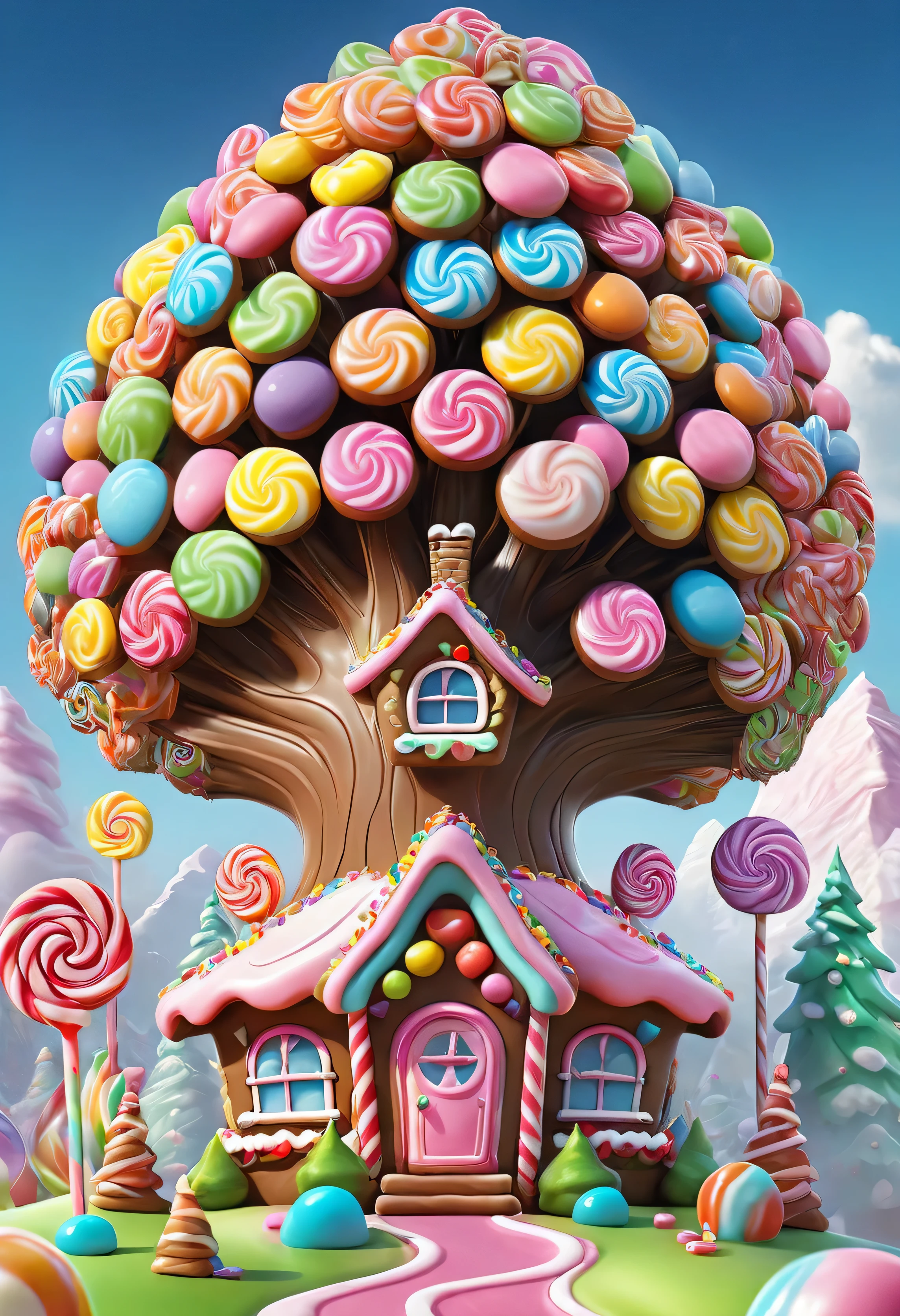 Huge candy tree (Candyland): gingerbread, dreamlike, fancy, rich colors, magical, sparkling, edible, delicious, [bright colors], [candy], [candy], [appetizing], [lollipop], [candy], [candy], [candy], [sprinkle], [candy], [rainbow colors], [candy house], [gingerbread house], [sugarcane], [marshmallow], , [candy machine], [candy wrappers], [mountain candy], [giant candy], [sugar crystals], [candy thread], [chewing gum], [colored candy], [luminous], [enchanted], [joyful], [playful], [bursting with flavor]