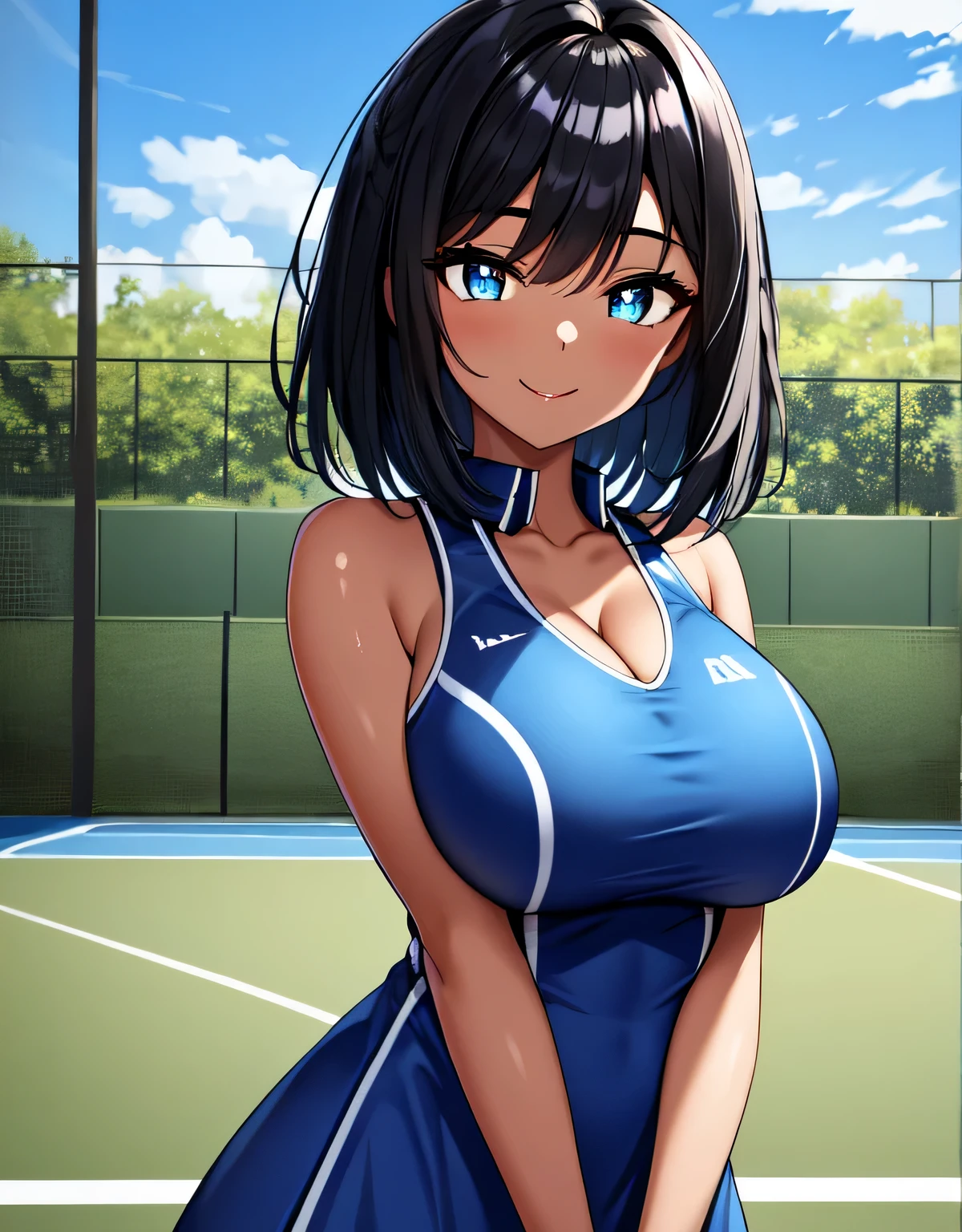 tennis dress,(shiny blue tennis dress),(large breasts:1.5),(shiny hair),((solo)),((masterpiece)),((best quality)),perfect anatomy,slim waist,perfect image,8k UHD,(beautiful detailed eyes:1.3),extremely detailed face,standing,(upper body:1.2),(look at the front:1.5),arms behindback,ultra-detailed,absurdres,highres,outdoors,tennis court,smile,black hair,bangs,medium hair,beautiful skin,(shiny skin),