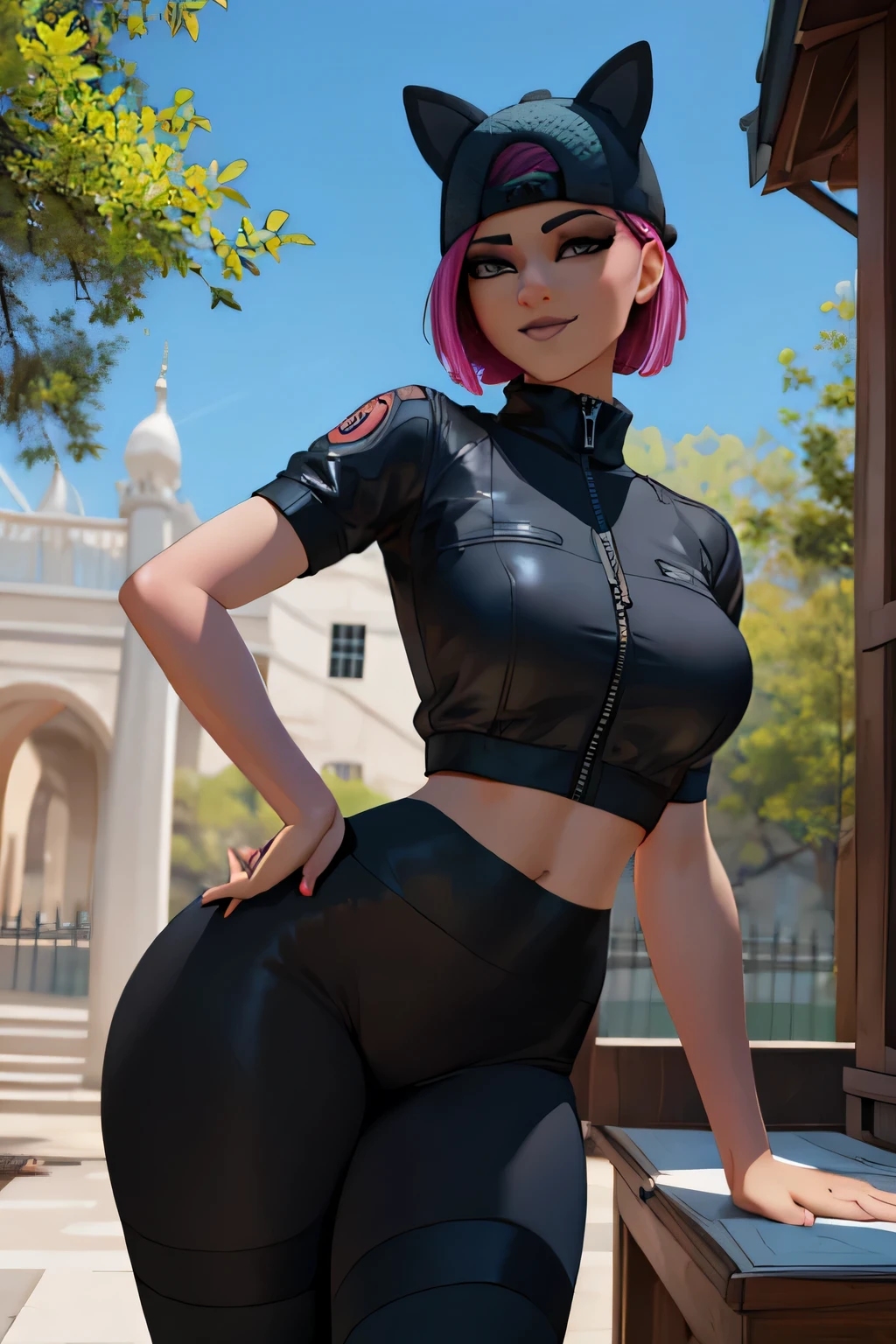 1 chica, (obra maestra), (Mejor calidad), de pie, (solo), mirando al espectador, alto detallado,Extremadamente detallado, Ojos finos, sonrisa,dynamic pose, pelo corto rosa,gorra,top corto, chaqueta negra,guante sin dedos,con curvas,bosque,anteojos,(leggins negros),(retrato:1.2),