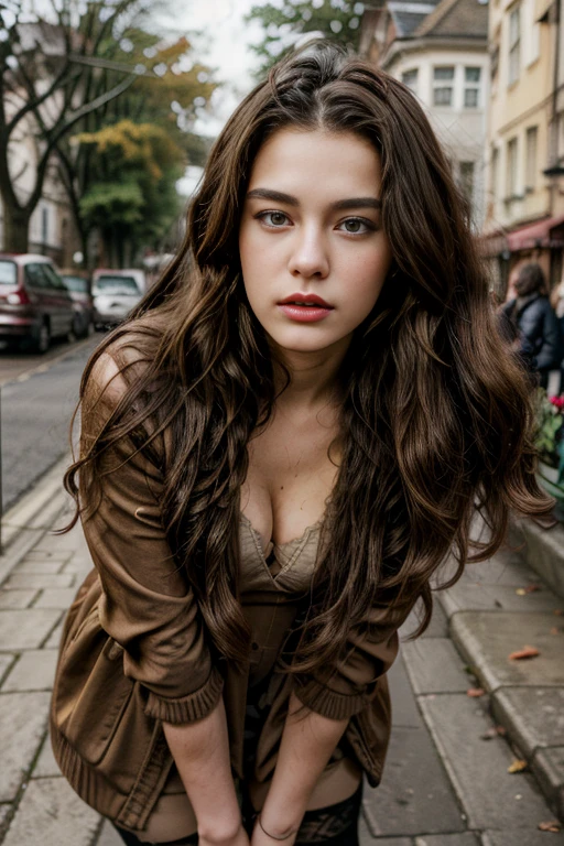 full body photograph of a brunette woman with wavy hair, 21 years old, red lips, small mouth closed , beautiful eyes, realistic photo, in street, (stockings)