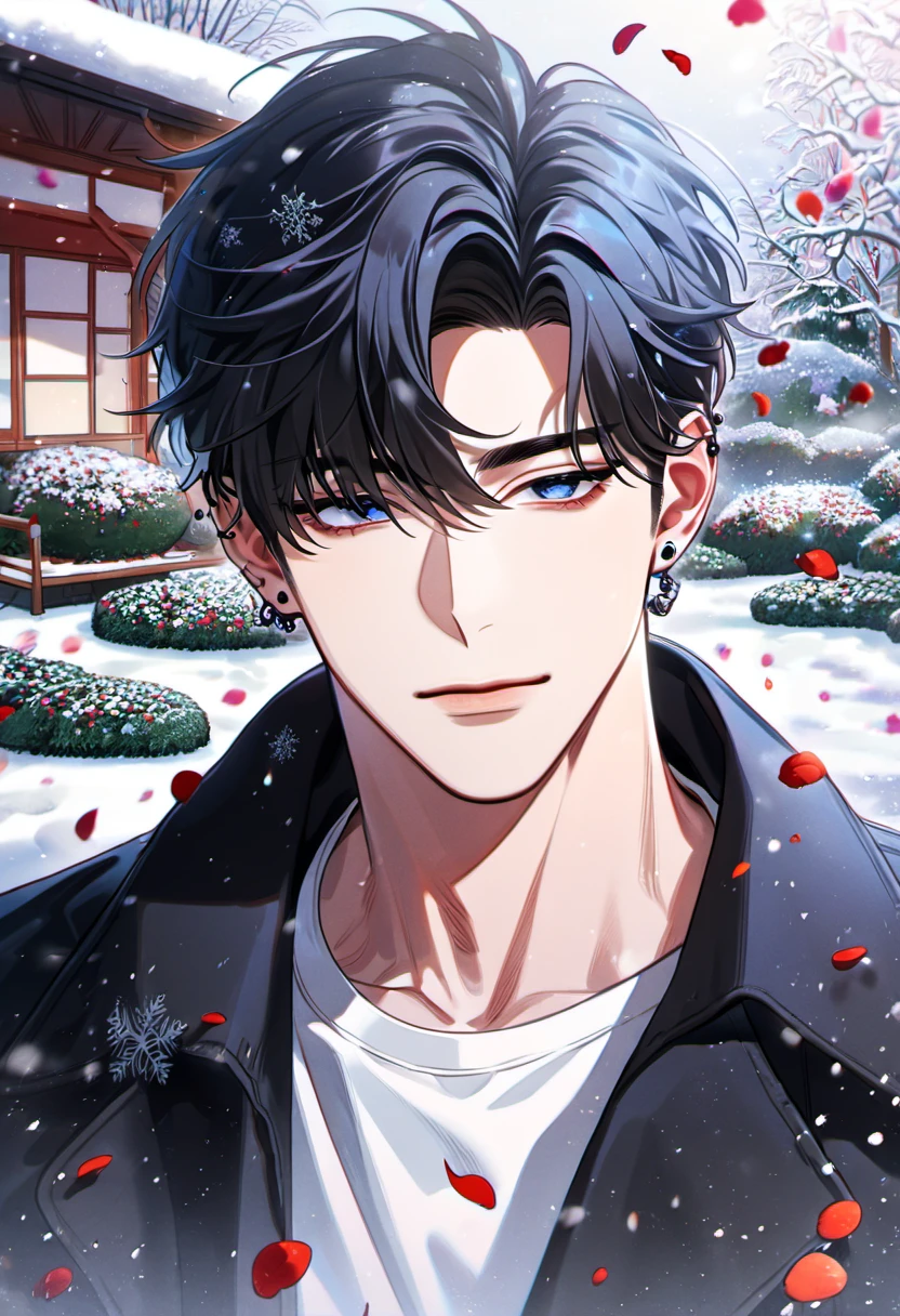 absurdres, highres, ultra detailed, HDR, master piece, best quality, Kang Woojin, black messy hair, expressive dark blue eyes, ear piercings, Love Jinx, 1man, handsome, black coat, white shirt, petals, garden, snow, snowflakes, snowing