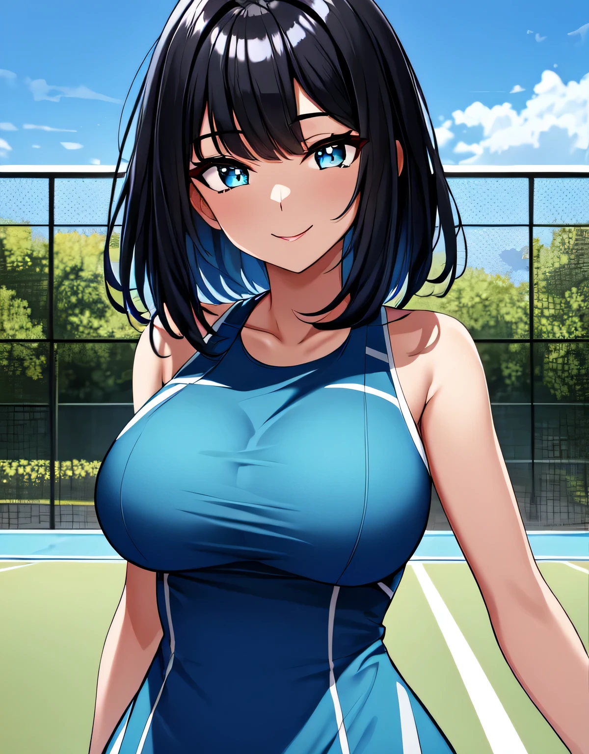 tennis dress,(shiny blue tennis dress),(large breasts:1.5),(shiny hair),((solo)),((masterpiece)),((best quality)),perfect anatomy,slim waist,perfect image,8k UHD,(beautiful detailed eyes:1.3),extremely detailed face,standing,(upper body:1.2),(look at the front:1.5),arms behindback,ultra-detailed,absurdres,highres,outdoors,tennis court,smile,black hair,bangs,medium hair,beautiful skin,(shiny skin),