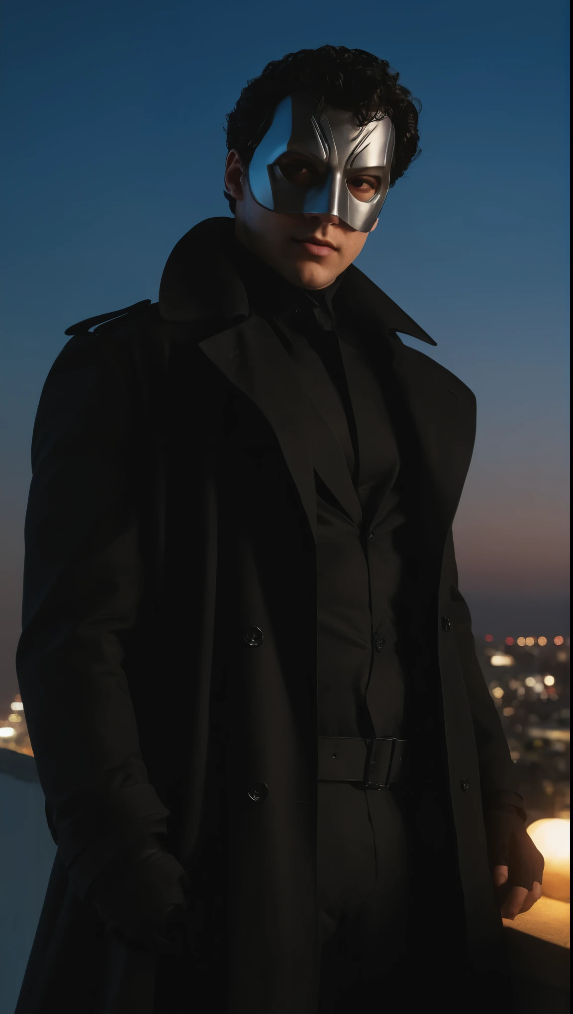 A movie poster, full color, a supervillain man, 28 years-old, wearing a black trench coat and a domino mask, stocky, soft doughy physique, overweight, deep brown eyes, wide bulbous nose, full lips, black hair, curly hair, thick bushy eyebrows, extremely hairy chest, stomach, and arms, lots of body hair, posing on a neon-lit rooftop, hard shadows, RAW photograph, cinematic shot, masterpiece