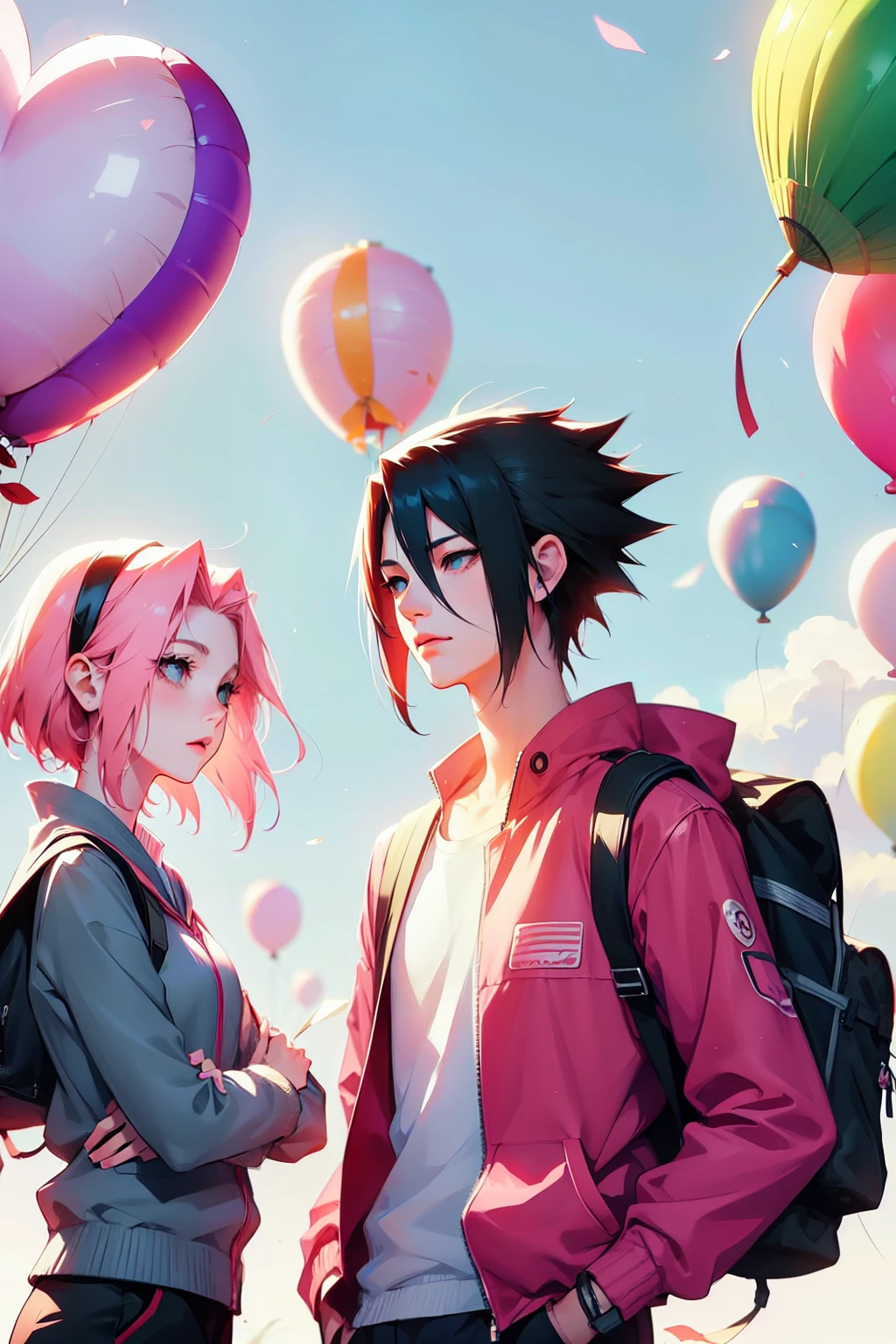 sasusaku. Sasuke Uchiha, a tall man with black hair and wearing his, is a student and has his hands in his pockets. Sakura, a thin woman with pink hair, has her hands in her pockets. best quality, adorable, ultra-detailed, illustration, complex, detailed, extremely detailed, detailed face, soft light, soft focus, perfect face. In love, illustration. two people, couple, festival, balloons, lovers