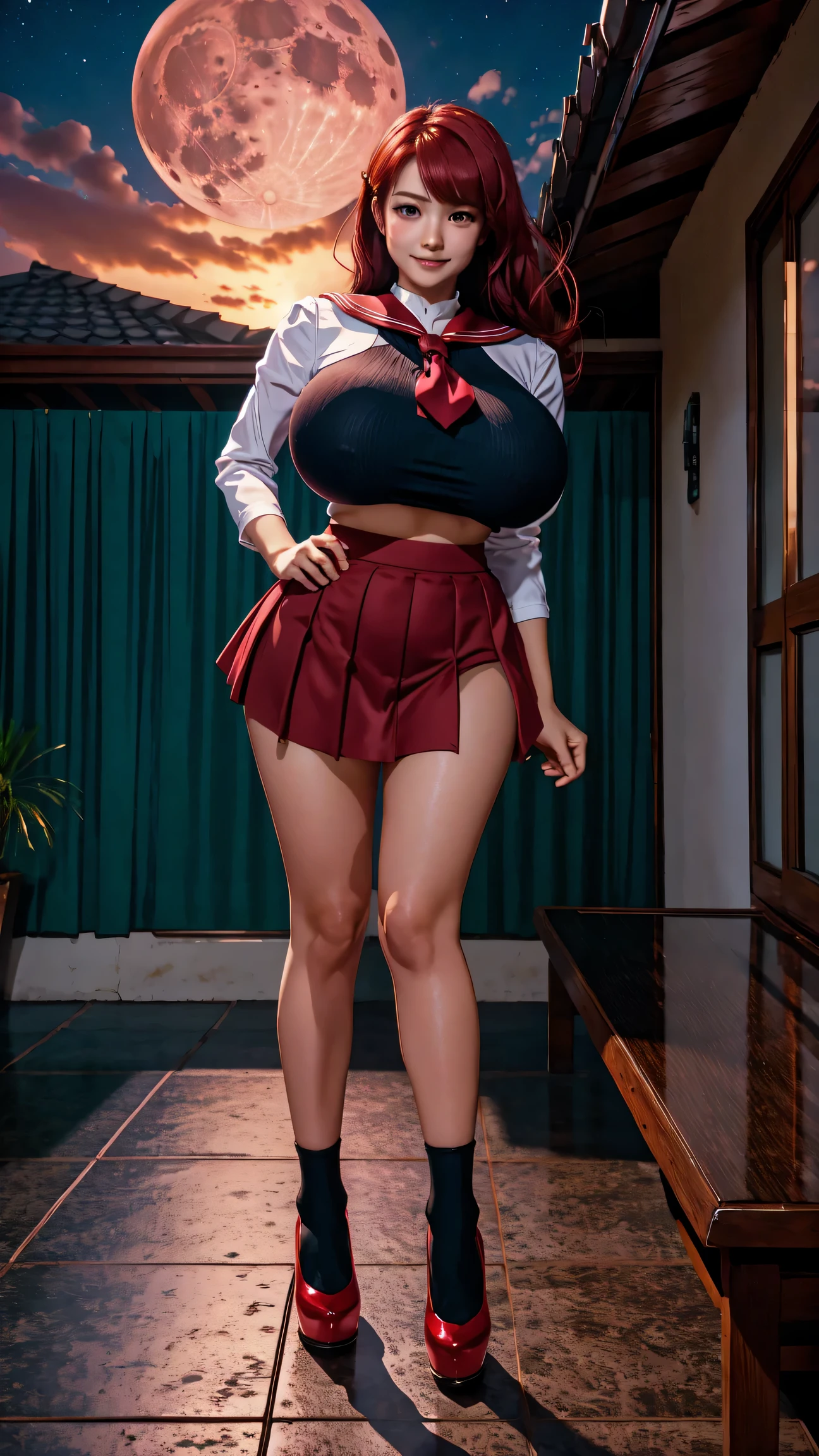(High quality, High resolution, Fine details), crimson clouds surrounding the moon, (woman in sailor on a red full moon night:1.2), silhouette of tall buildings in the background, (deep blue sky), clear bright moon, (sailor suit), (short pleated skirt), BREAK white collar, BREAK red bow, BREAK white long socks, BREAK black shoes, solo, curvy women, Flowing red Hair, sparkling eyes, (Detailed eyes:1.2), smile, blush, Sweat, Oily skin, shallow depth of field, soft moonlight, faint shadow cast behind her, gigantic breasts, giga_busty