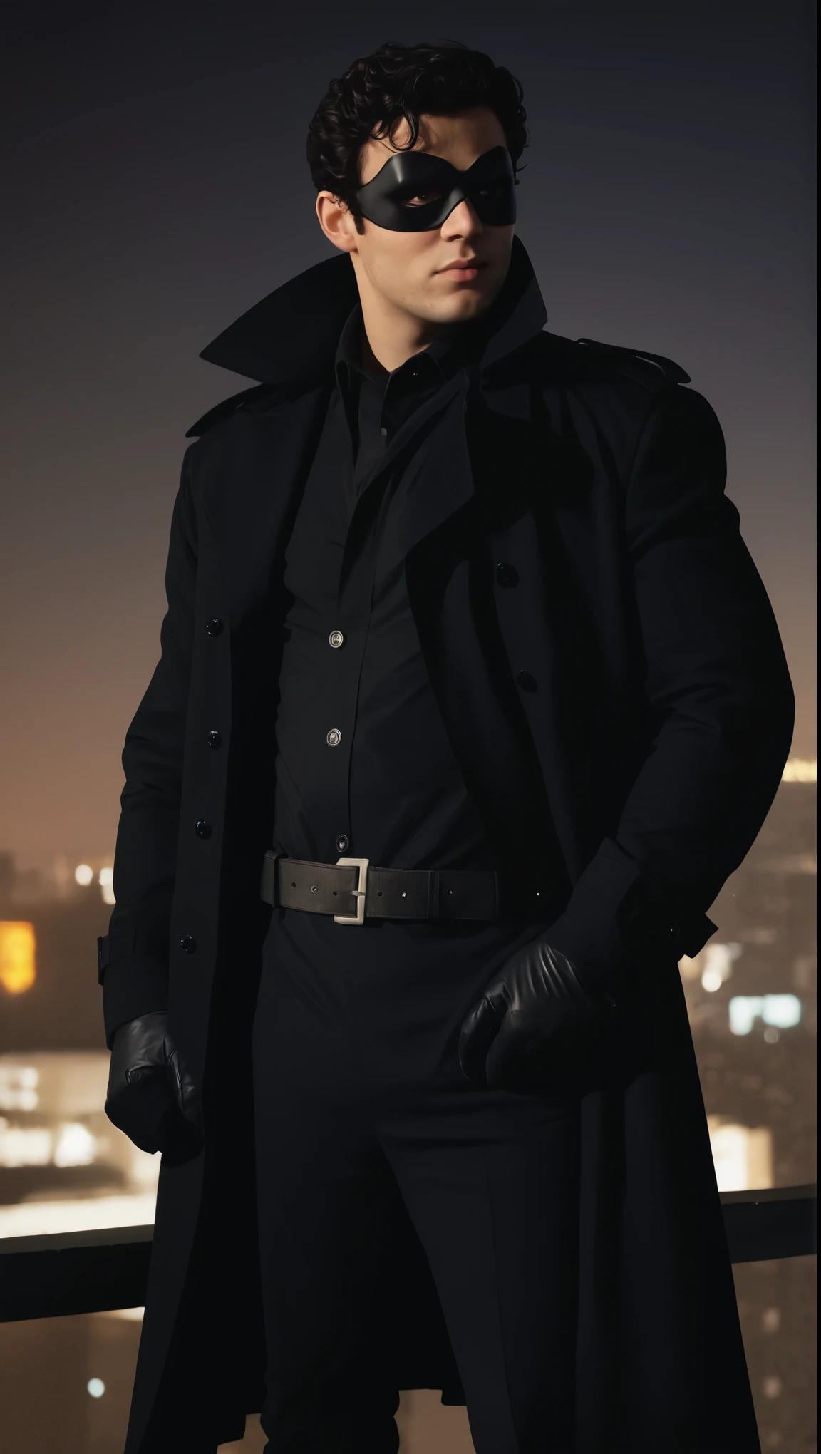 A movie poster, full color, a supervillain man, 28 years-old, wearing a black trench coat and a domino mask, stocky, soft doughy physique, chubby, deep brown eyes, wide bulbous nose, full lips, black hair, curly hair, thick bushy eyebrows, extremely hairy chest, stomach, and arms, lots of body hair, posing on a neon-lit rooftop, hard shadows, RAW photograph, cinematic shot, masterpiece