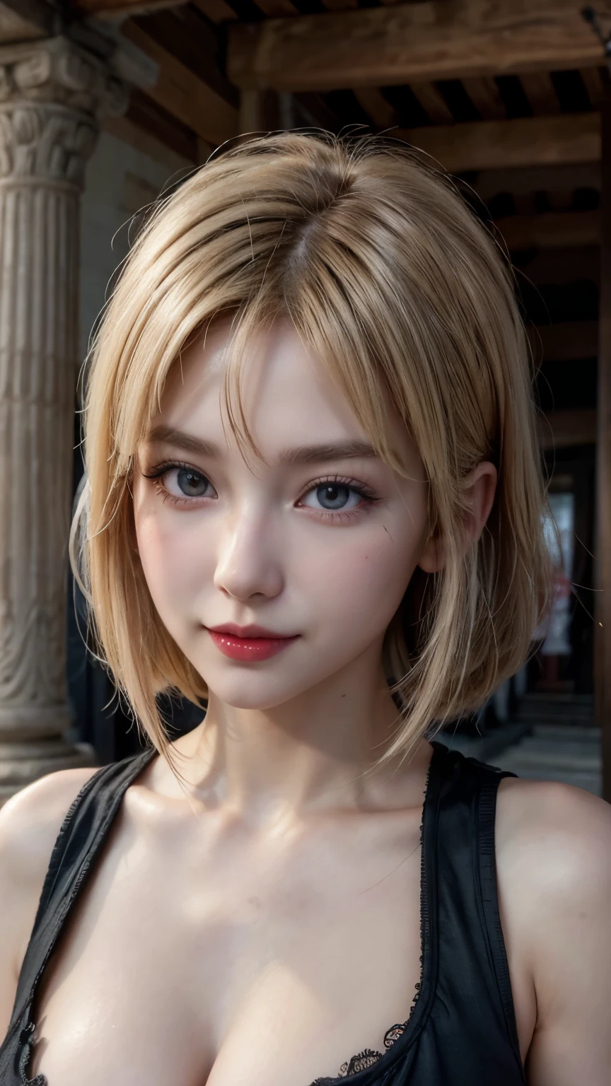 (Hyper Real), ancient shrine maiden, female shaman, giant beauty, safe, high resolution, real short hair, blonde, blonde woman, skin texture details, super high resolution, realistic, plump figure, smile, beautiful expression, small purple hair Airy long blonde hair, divine spirit, very delicate and detailed skin texture, (ancient luxury luxury temple), ancient priestess, big cleavage, plunging neckline, big red lips , (luxurious black costume and luxurious accessories)