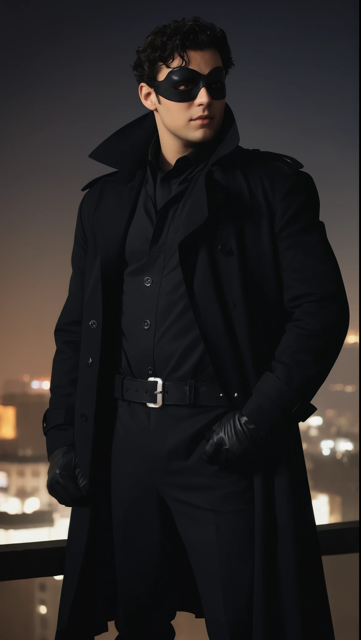 A movie poster, full color, a supervillain man, 28 years-old, wearing a black trench coat and a domino mask, stocky, soft doughy physique, chubby, deep brown eyes, wide bulbous nose, full lips, black hair, curly hair, thick bushy eyebrows, extremely hairy chest, stomach, and arms, lots of body hair, posing on a neon-lit rooftop, hard shadows, RAW photograph, cinematic shot, masterpiece