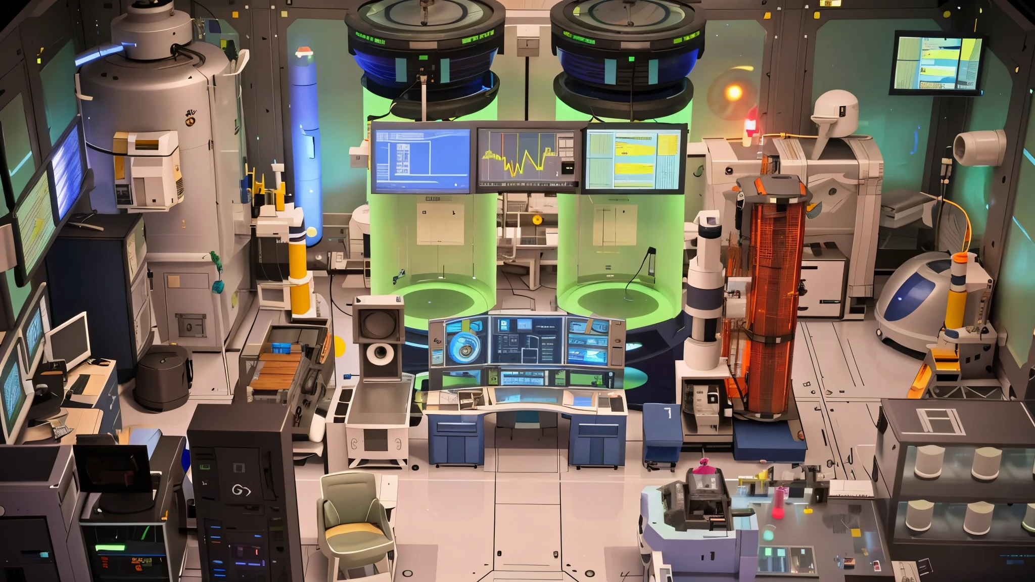 There is a room with many and many monitors, research station, At the Interstellar Headquarters, Xera's Laboratory!, research outpost, Inside the facility, in a research facility, future laboratory, Future Chemistry Laboratory, space station wall station, space station interior, Detailed spaceship interior, mysterious laboratory