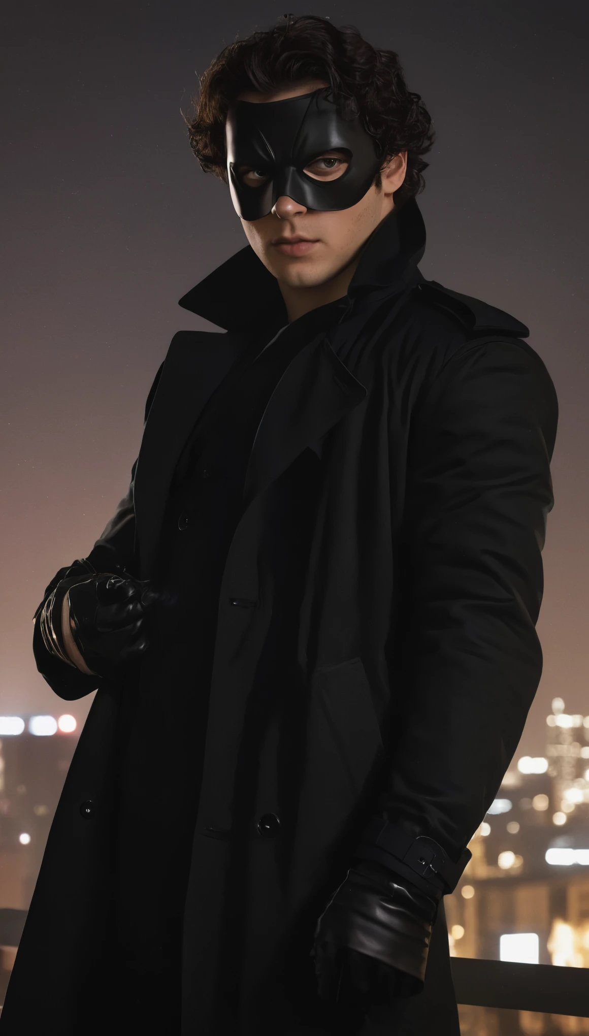 A movie poster, full color, a supervillain man, 28 years-old, wearing a black trench coat and a domino mask, stocky, soft doughy physique, chubby, deep brown eyes, wide bulbous nose, full lips, black hair, curly hair, thick bushy eyebrows, extremely hairy chest, stomach, and arms, lots of body hair, posing on a neon-lit rooftop, hard shadows, RAW photograph, cinematic shot, masterpiece