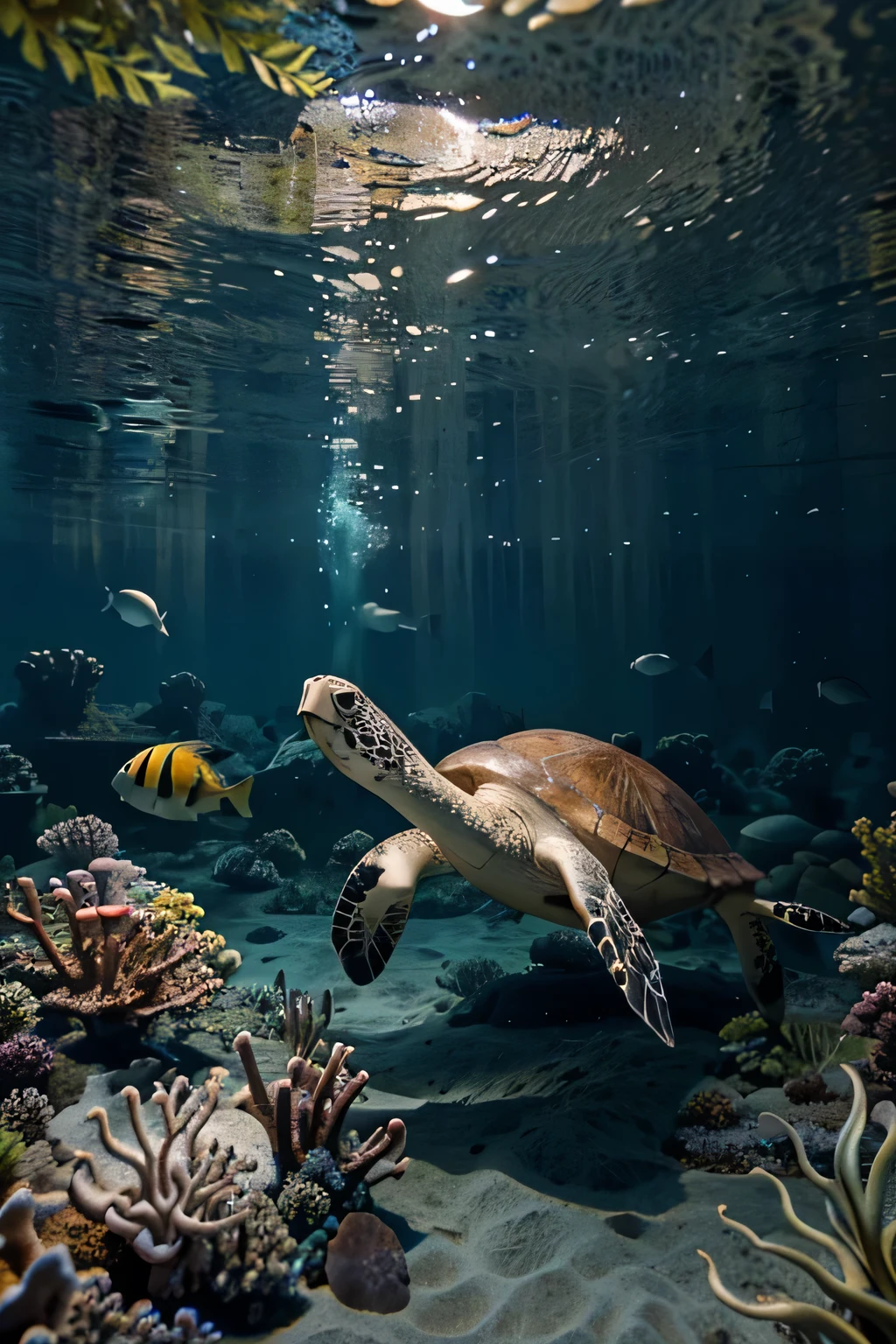 Under the ocean among its living inhabitants a sea turtle swims along with assorted colored fish and living sea life and plants.