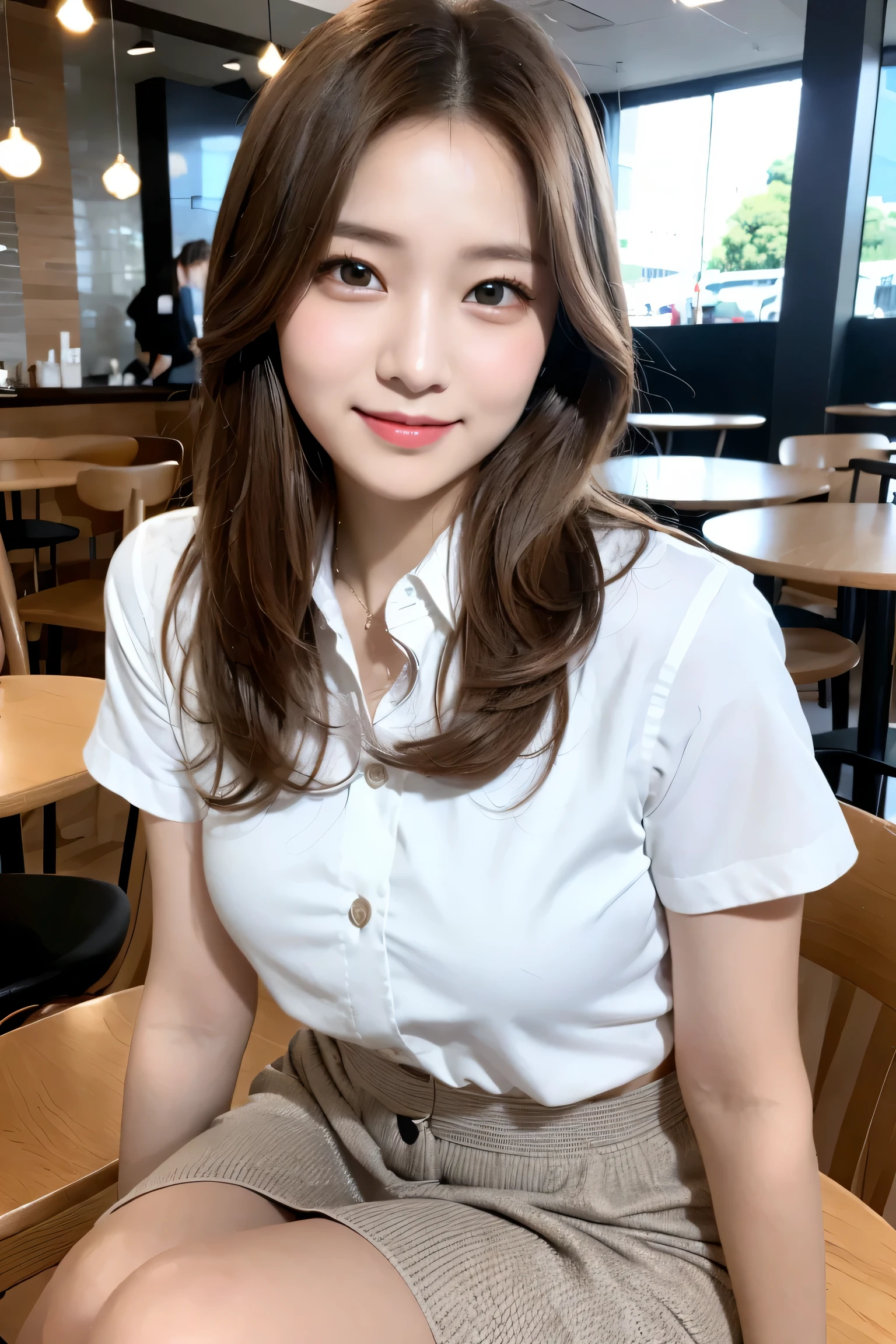(high quality,4k,8K,High resolution,table top:1.2),Super detailed,(realistic,realistic,Photoreal:1.37), Portrait, detailed and beautiful eyes, beautiful detailed lips, short hair, uniform, girl, Long-haired girl in a casual dress sitting in a coffee shop, gesture, big, Professional, Bright colors, soft lighting, subtle shadow, hair, shirt with buttons, pleated skirt, breeze, Stunning graceful posture, confident look, expressive eyes, Curved eyelashes, subtle blush, shining highlights, sharp details, soft skin, Precise shading, bright atmosphere, dynamic composition, realistic rendering, small round eyes, Indonesian Girls, Attractive small round eyes and glossy pink lips, A captivating cute smile, full portrait、expensive、Nogizaka Idol、korean idol、Gravure idol pose、adult woman
