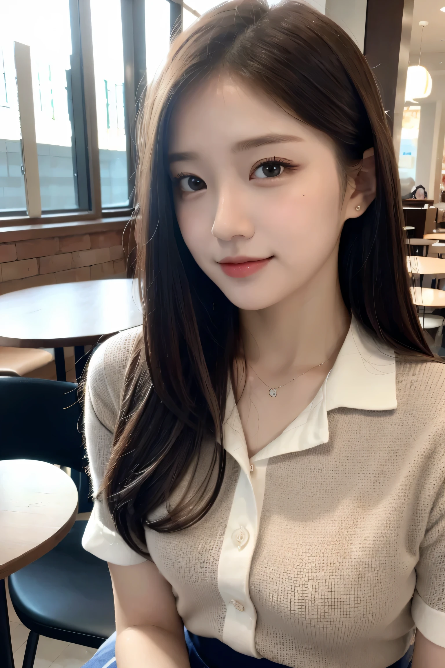 (high quality,4k,8K,High resolution,table top:1.2),Super detailed,(realistic,realistic,Photoreal:1.37), Portrait, detailed and beautiful eyes, beautiful detailed lips, short hair, uniform, 16 year old girl, Long-haired girl in a casual dress sitting in a coffee shop, gesture, big, Professional, Bright colors, soft lighting, subtle shadow, hair, shirt with buttons, pleated skirt, breeze, Stunning graceful posture, confident look, expressive eyes, Curved eyelashes, subtle blush, shining highlights, sharp details, soft skin, Precise shading, bright atmosphere, dynamic composition, realistic rendering, small round eyes, Indonesian Girls, Attractive small round eyes and glossy pink lips, A captivating cute smile, full portrait、expensive、Nogizaka Idol、korean idol、Gravure idol pose、adult woman
