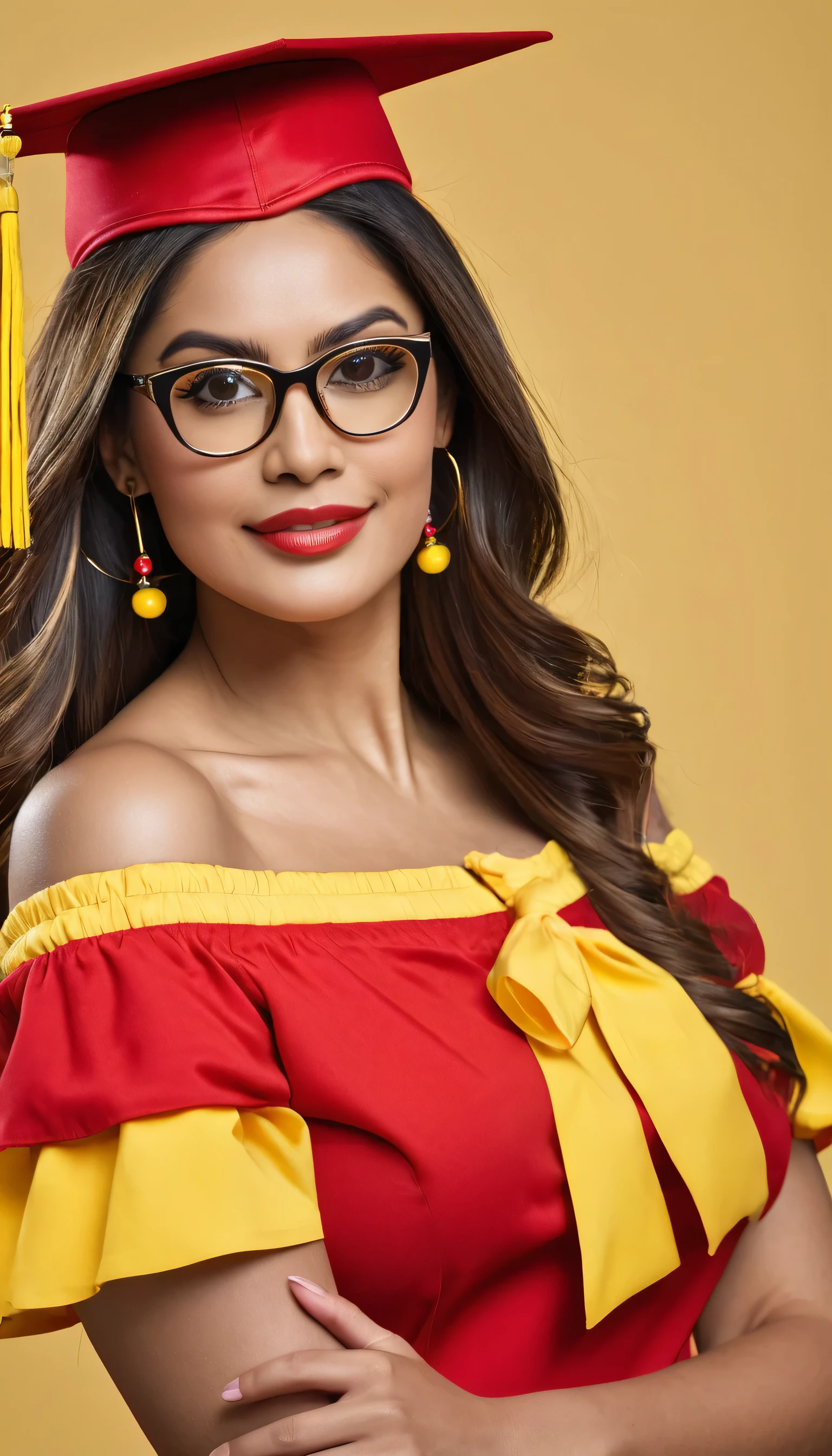 ((best quality)), ((masterpiece)), (detailed image) latine female model of age 27 wearing off shoulder red-yellow school teacher outfit, wearing glasses, long hair