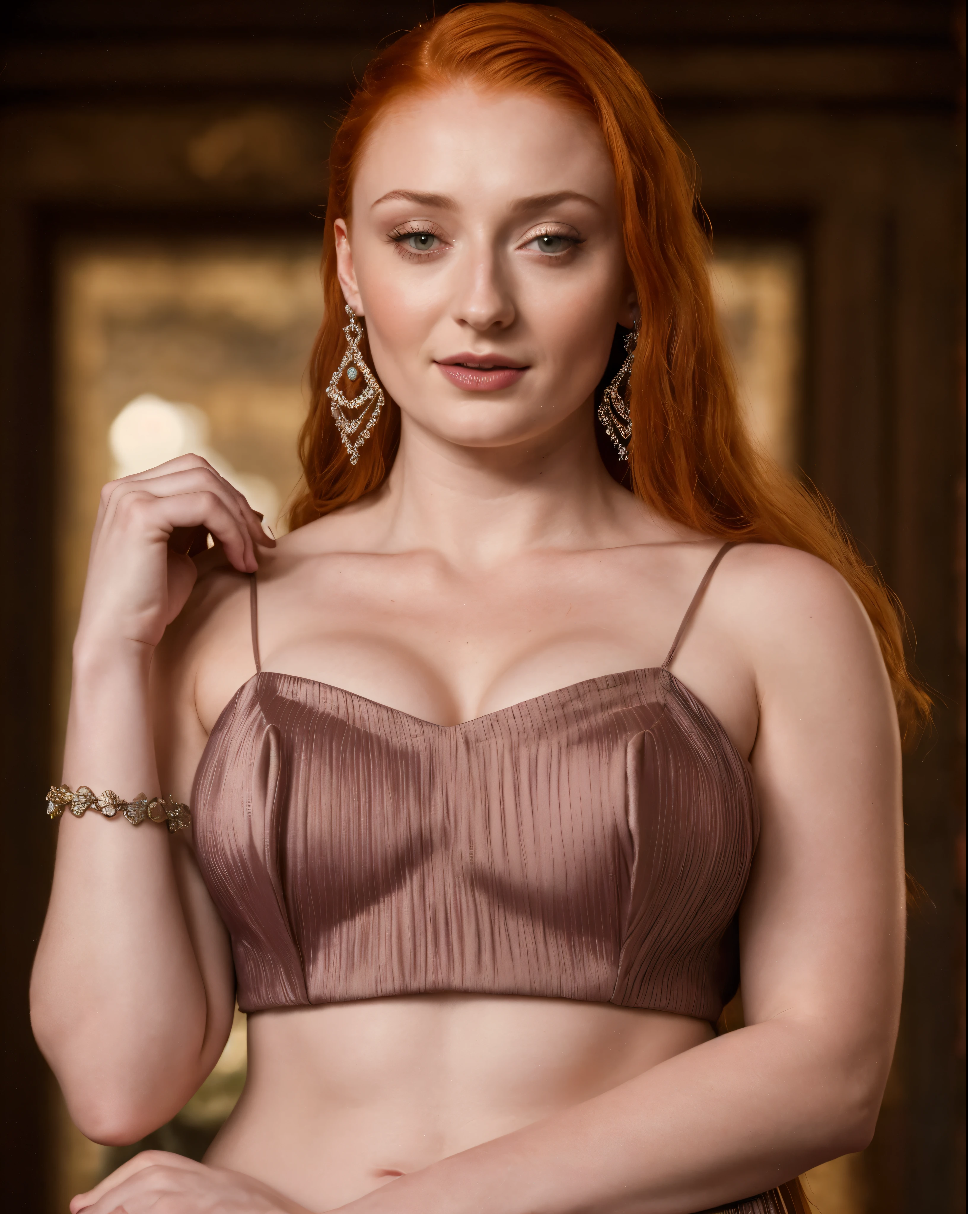 Face of Sophie Turner, Sansa Stark played by Sophie Turner, the de facto Lady of the Eyrie, is a 40-year-old mature queen with a stunning, alluring appearance. Full Face, pierced eyes, reddish lips, upper body shot, erotic Mediaeval costumes, game of thrones costumes, She wears a Game of Thrones-inspired costume and has a deep cleavage, a perfect thick body, and a perfect thick figure. The photograph captures her in a close-up, with her skin texture and facial features being ultra-realistic and realistic. Juicy thick figure, high quality skin, Skin pores, amazing details, 