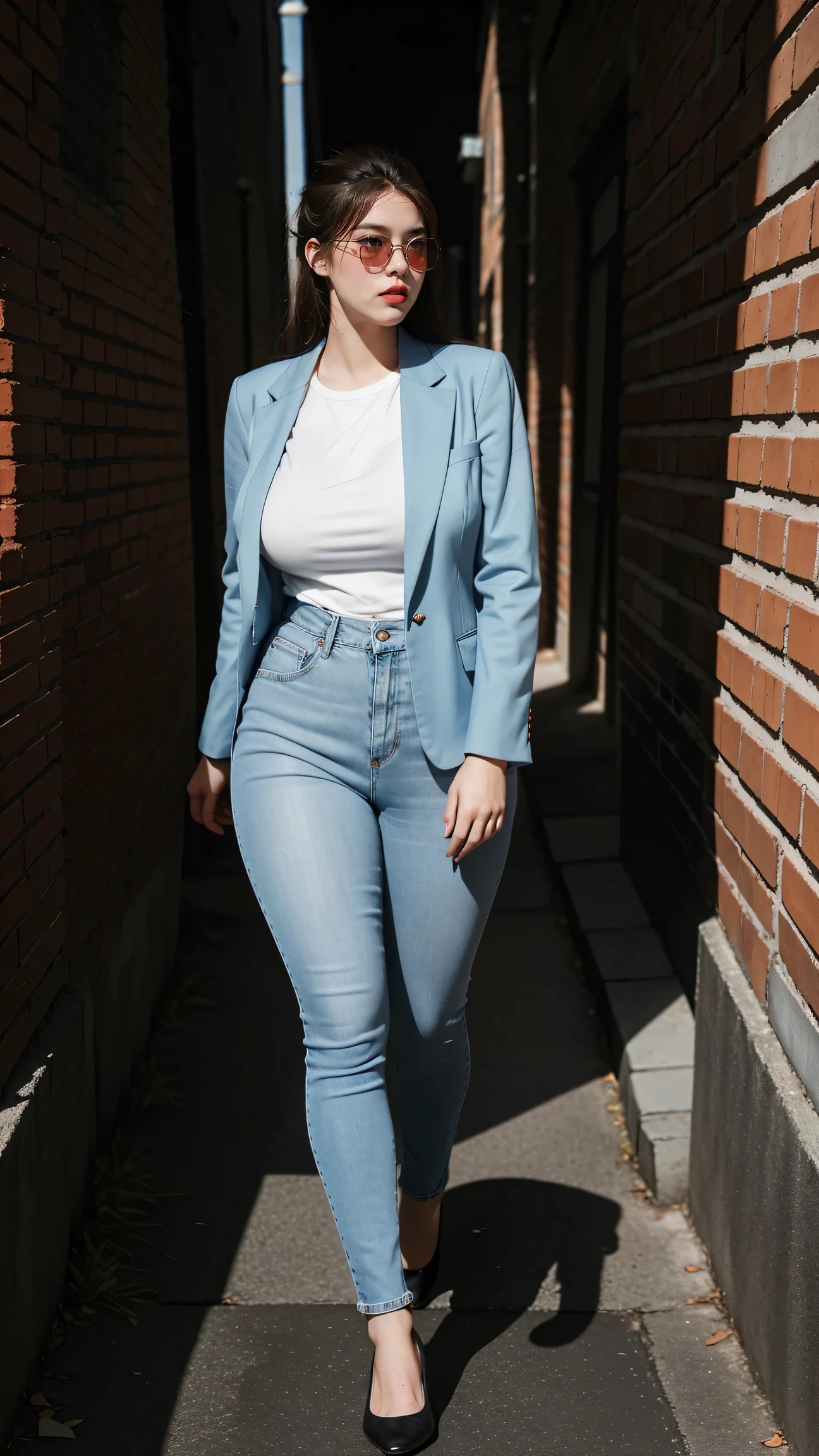 The light is dim,Wearing light blue skinny denim shorts,Red suit,Plump buttocks,Pear-shaped body,fully body photo,Gray brick walls,In the moonlit alleys at night,With black sunglasses,Classic art photographs,with details,There are close-ups,