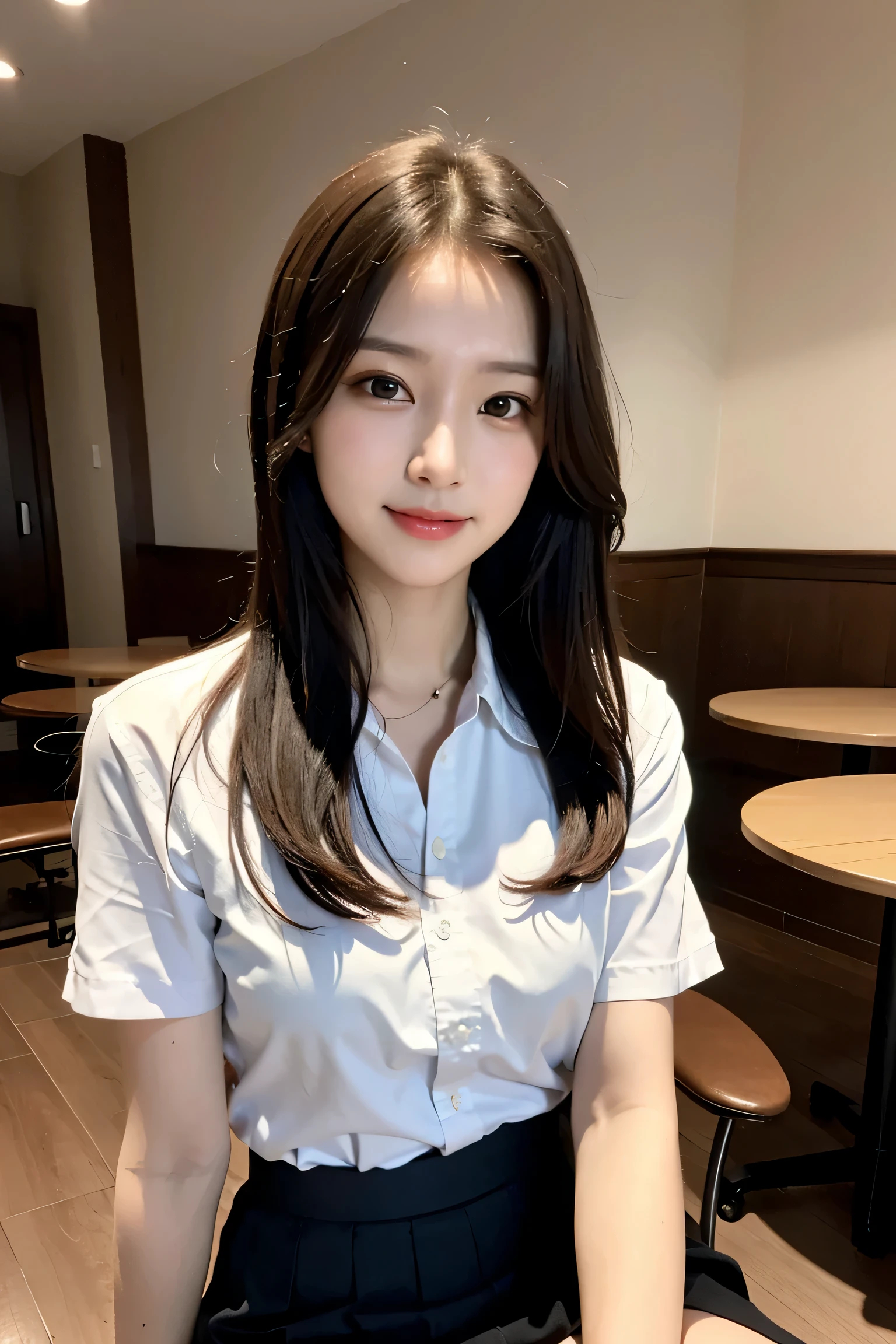 (high quality,4k,8K,High resolution,table top:1.2),Super detailed,(realistic,realistic,Photoreal:1.37), Portrait, detailed and beautiful eyes, beautiful detailed lips, short hair, uniform, 16 year old girl, Long-haired girl in a casual dress sitting in a coffee shop, gesture, big, Professional, Bright colors, soft lighting, subtle shadow, hair, shirt with buttons, pleated skirt, breeze, Stunning graceful posture, confident look, expressive eyes, Curved eyelashes, subtle blush, shining highlights, sharp details, soft skin, Precise shading, bright atmosphere, dynamic composition, realistic rendering, small round eyes, Indonesian Girls, Attractive small round eyes and glossy pink lips, A captivating cute smile, full portrait、expensive、Nogizaka Idol、korean idol、Gravure idol pose、adult woman