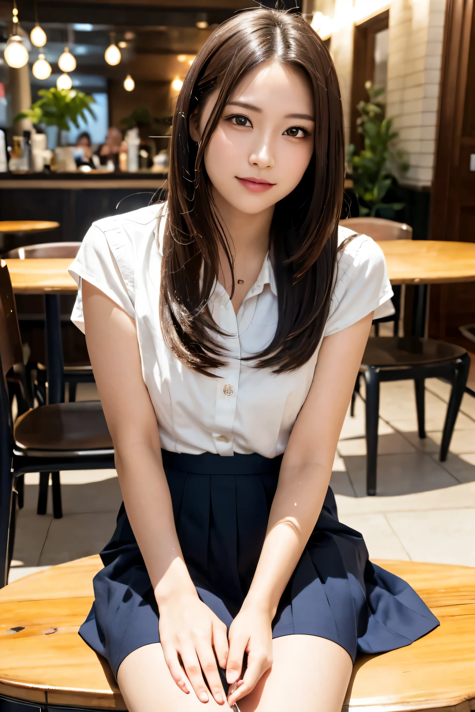 (high quality,4k,8K,High resolution,table top:1.2),Super detailed,(realistic,realistic,Photoreal:1.37), Portrait, detailed and beautiful eyes, beautiful detailed lips, short hair, uniform,  girl, Long-haired girl in a casual dress sitting in a coffee shop, gesture, big, Professional, Bright colors, soft lighting, subtle shadow, hair, shirt with buttons, pleated skirt, breeze, Stunning graceful posture, confident look, expressive eyes, Curved eyelashes, subtle blush, shining highlights, sharp details, soft skin, Precise shading, bright atmosphere, dynamic composition, realistic rendering, small round eyes, Indonesian Girls, Attractive small round eyes and glossy pink lips, A captivating cute smile, full portrait、expensive、Nogizaka Idol、korean idol、Gravure idol pose、adult woman