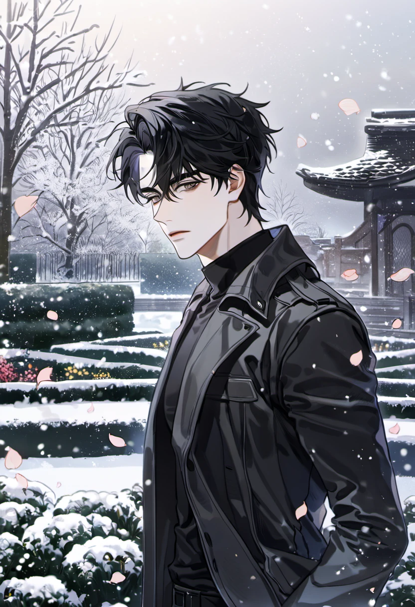 absurdres, highres, ultra detailed, HDR, master piece, best quality, Yoo Joonghyuk, black hair, expressive grey eyes, omniscient reader's viewpoint, 1man, handsome, black coat, black tight turtleneck shirt, petals, garden, snow, snowflakes, snowing