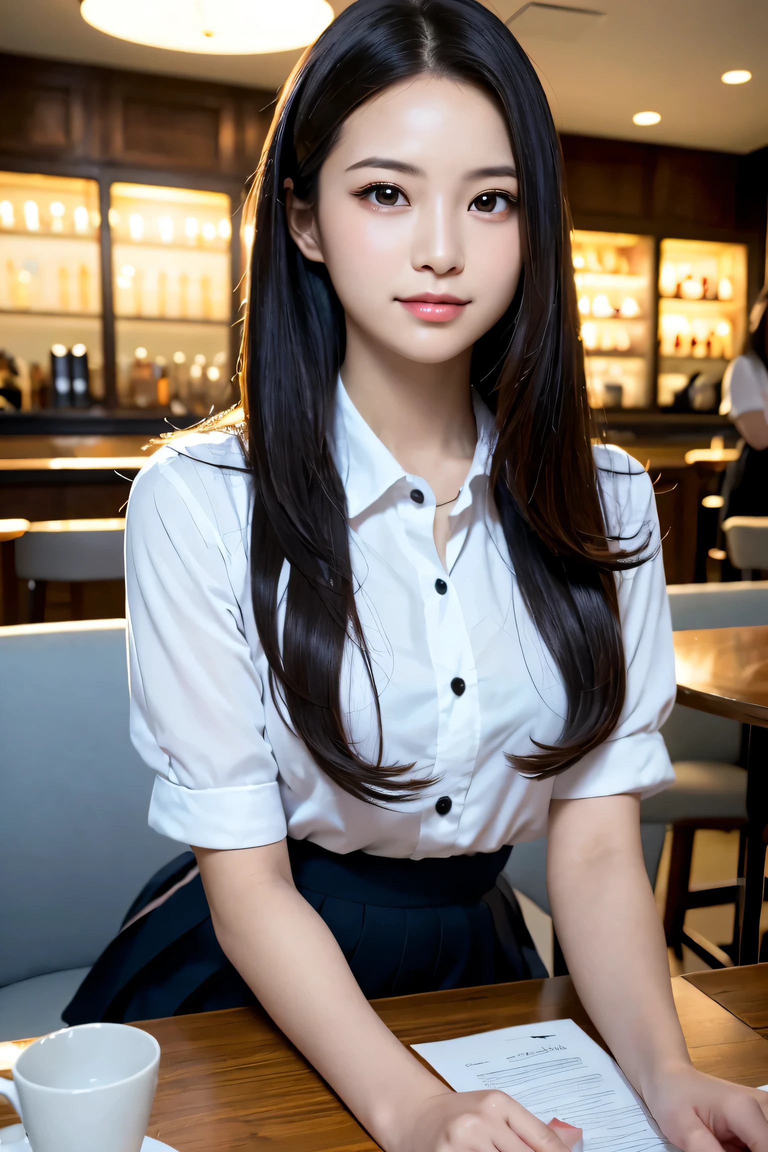 (high quality,4k,8K,High resolution,table top:1.2),Super detailed,(realistic,realistic,Photoreal:1.37), Portrait, detailed and beautiful eyes, beautiful detailed lips, short hair, uniform,  girl, Long-haired girl in a casual dress sitting in a coffee shop, gesture, big, Professional, Bright colors, soft lighting, subtle shadow, hair, shirt with buttons, pleated skirt, breeze, Stunning graceful posture, confident look, expressive eyes, Curved eyelashes, subtle blush, shining highlights, sharp details, soft skin, Precise shading, bright atmosphere, dynamic composition, realistic rendering, small round eyes, Indonesian Girls, Attractive small round eyes and glossy pink lips, A captivating cute smile, full portrait、expensive、Nogizaka Idol、korean idol、Gravure idol pose、adult woman