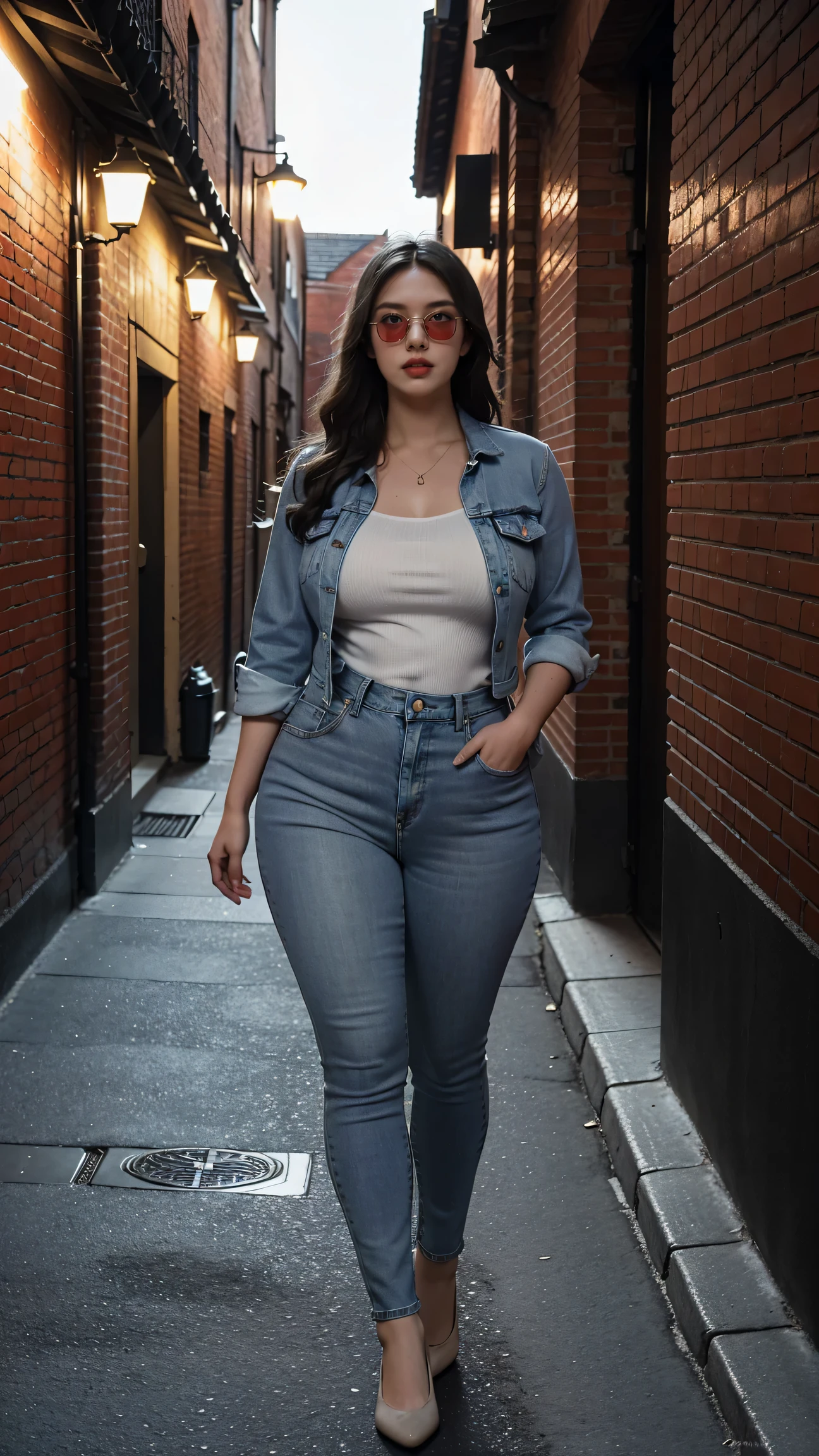 The light is dim,Wearing light blue skinny denim shorts,Red suit,Plump buttocks,Pear-shaped body,fully body photo,Gray brick walls,In the moonlit alleys at night,With black sunglasses,Classic art photographs,with details,There are close-ups,