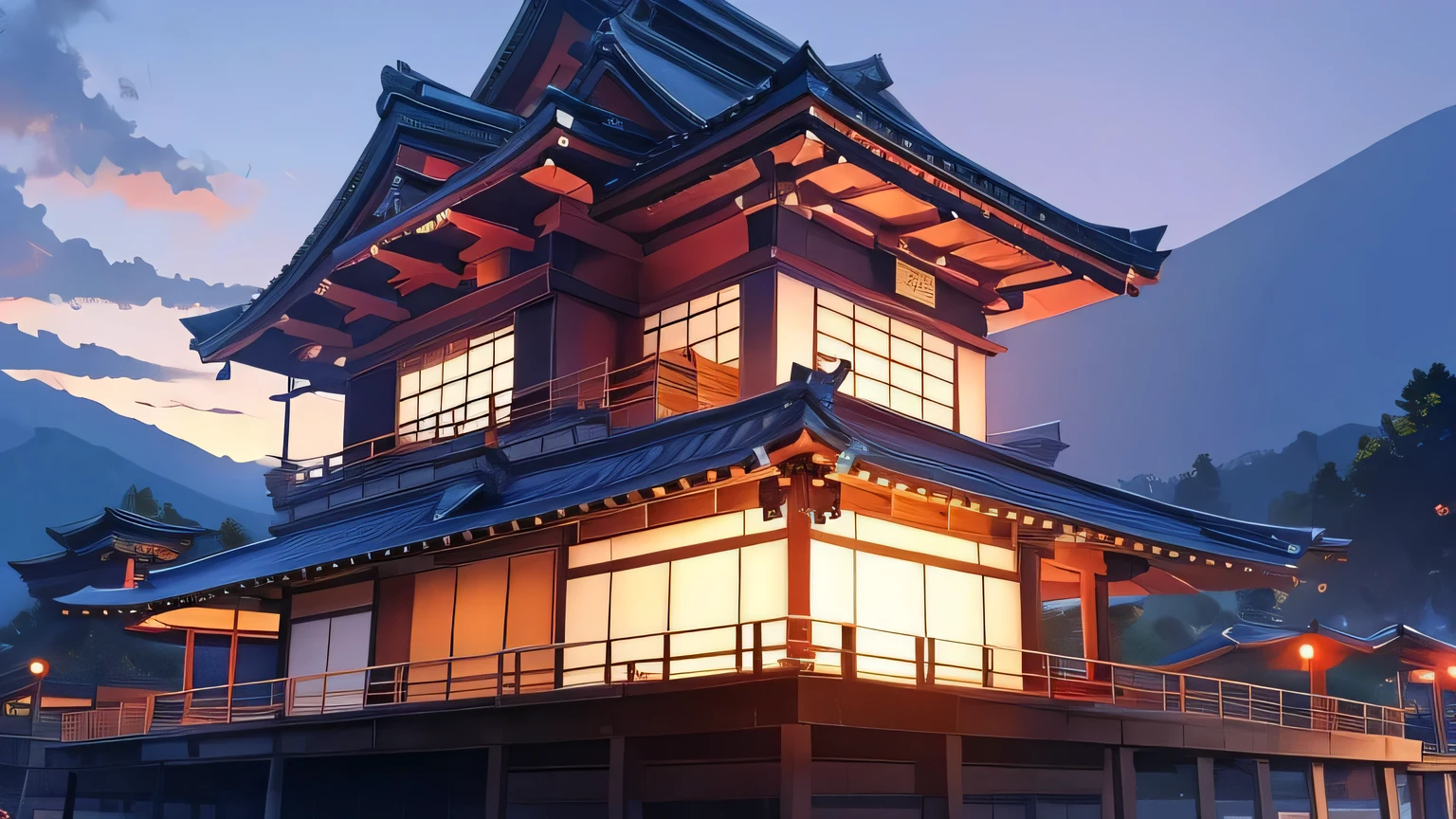 samurai、Fuji Mountain、Japanese-style house、wide angle view