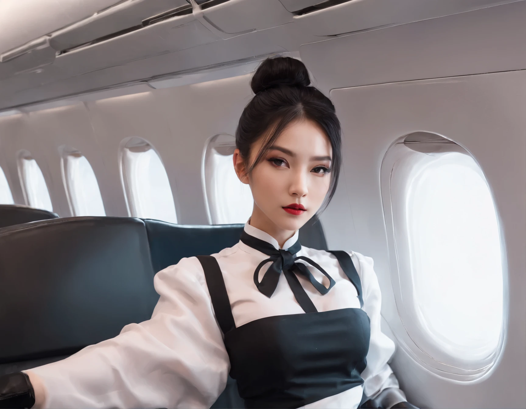 High Contrast,photography,masterpiece,detail,a girl,Single person,Asian,bun,Waitress,Lips slightly open,Light makeup,Long legs beautiful,black hair,white shirt,tie,Black hip wrap skirt,,Wear gloves,Sitting on the plane seat,There is a window behind him,The wing of an airplane in the background,Dramatic lighting,Mid-range lens