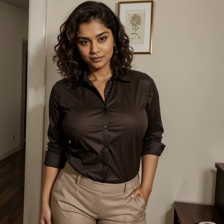 50 year old, female, Indian, light brown skin, curly short dark brown hair, bush like black pubic hair, big expressive eyes, light brown pupil,  smile, looking at the viewer, very fat body, big fat belly, big fat thighs, formal shirt, shirt tucked in, few shirt buttons open, blazer on top of shirt, pant, standing, office
