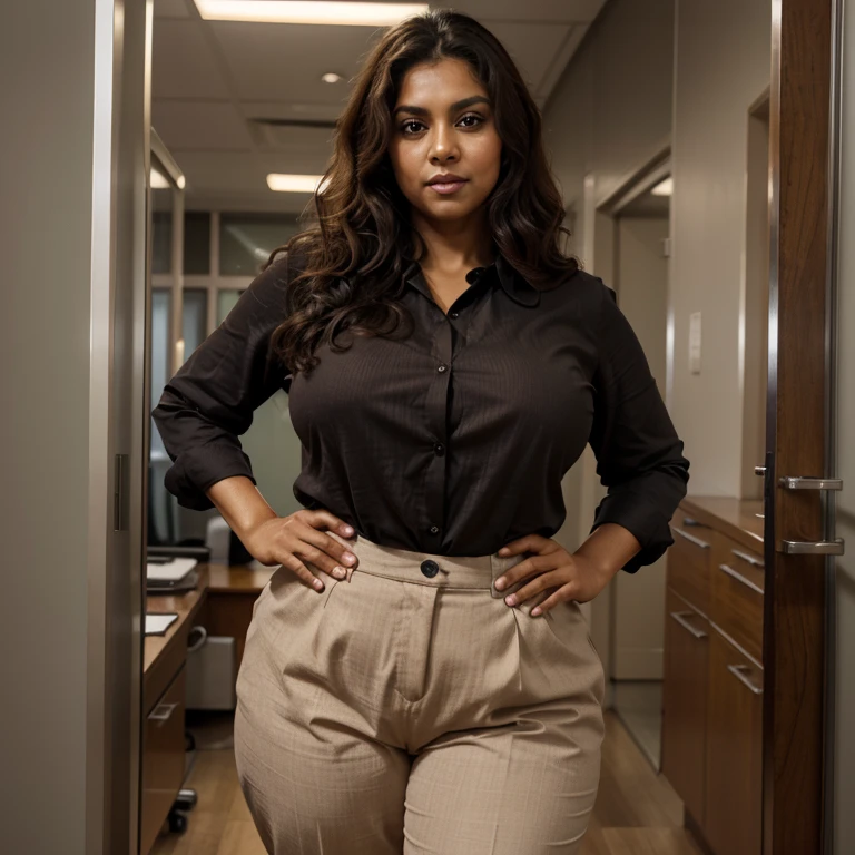 50 year old, female, Indian, light brown skin, curly short dark brown hair, bush like black pubic hair, big expressive eyes, light brown pupil, seductive smile, looking at the viewer, very fat body, big fat belly, big fat thighs, formal shirt, shirt tucked in, few shirt buttons open, blazer on top of shirt, pant, standing, office