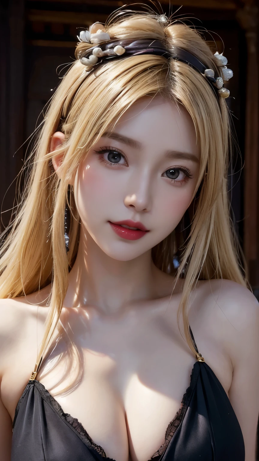 (Hyper Real), ancient shrine maiden, female shaman, giant beauty, safe, high resolution, real short hair, blonde, blonde woman, skin texture details, super high resolution, realistic, plump figure, smile, beautiful expression, small purple hair Airy long blonde hair, divine spirit, very delicate and detailed skin texture, (ancient luxury luxury temple), ancient priestess, big cleavage, plunging neckline, big red lips , (luxurious black costume and luxurious accessories)